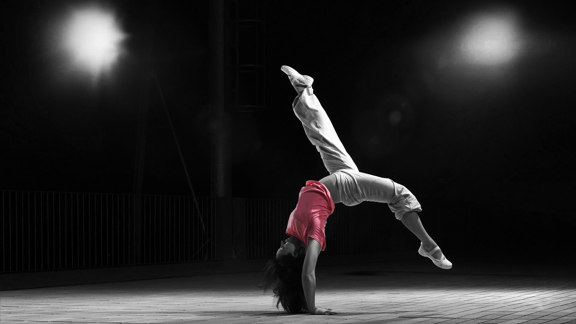 Breakdance, Acrobazia, Riflettori, Bianco e nero, 1920x1080, immagine di sfondo