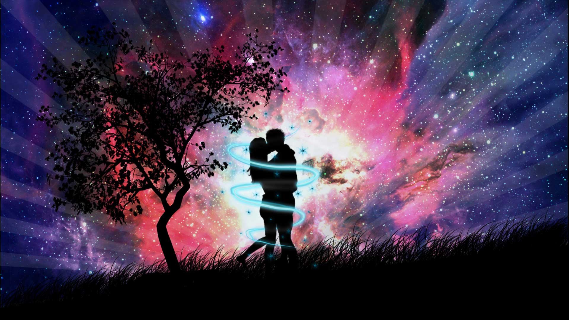 Coppia, Abbraccio, Albero, Cielo stellato, Galassia, Full HD, sfondo per PC e portatile
