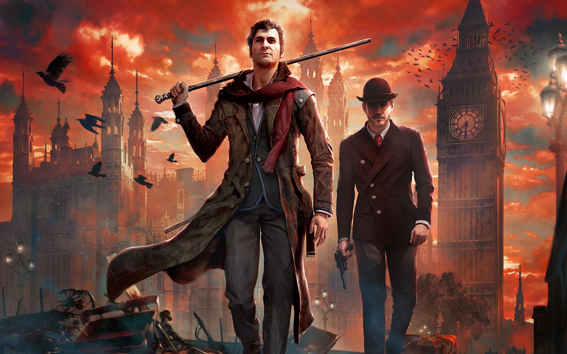 Sherlock Holmes, Arte digitale, Big Ben, Londra, Cielo rosso, Corvi, sfondo desktop 1920x1200