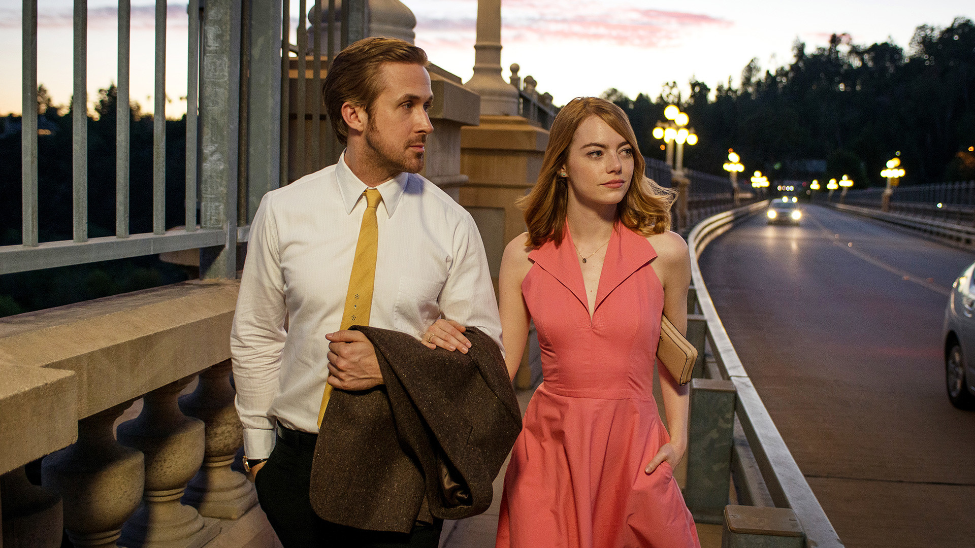 Ryan Gosling, Emma Stone, La La Land, Colorado Street Bridge, Abito rosa, sfondo desktop 1920x1080