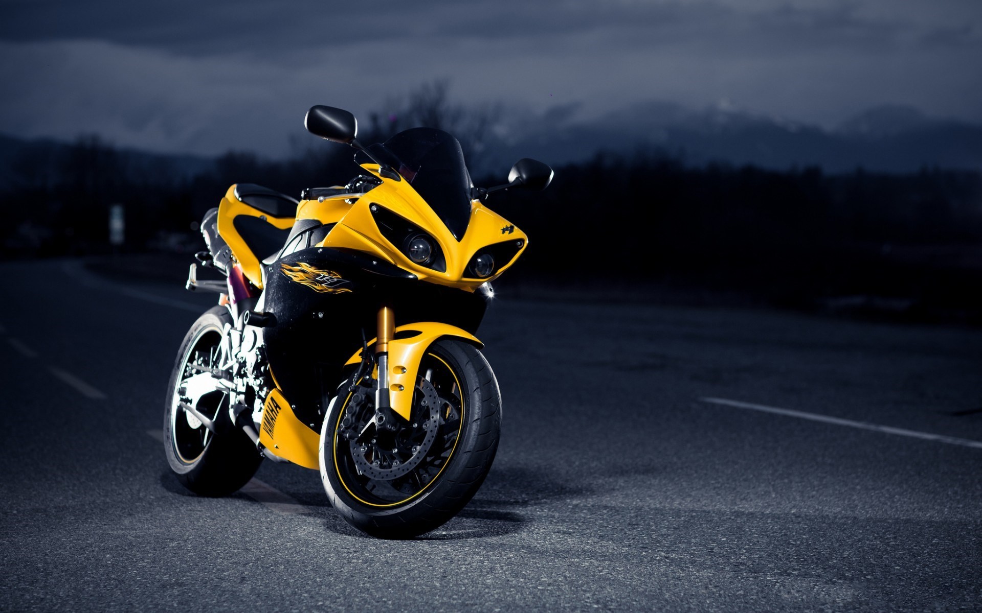 Yamaha YZF-R1, Superbike, Giallo, Notte, 16:10 Full HD, sfondo widescreen