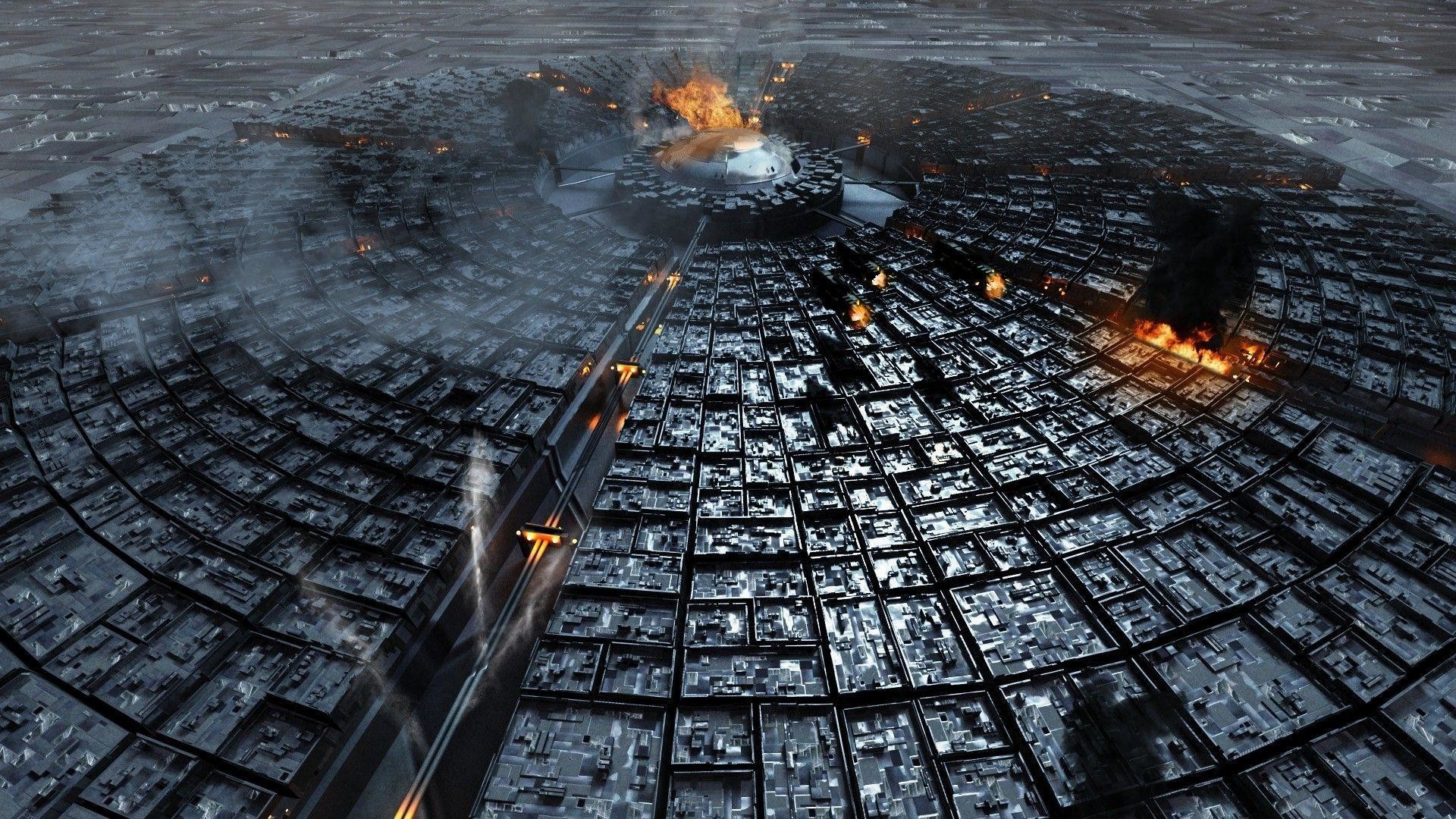 Città futuristica, Esplosioni, Vista aerea, Fantascienza, Distruzione, sfondo Windows 11