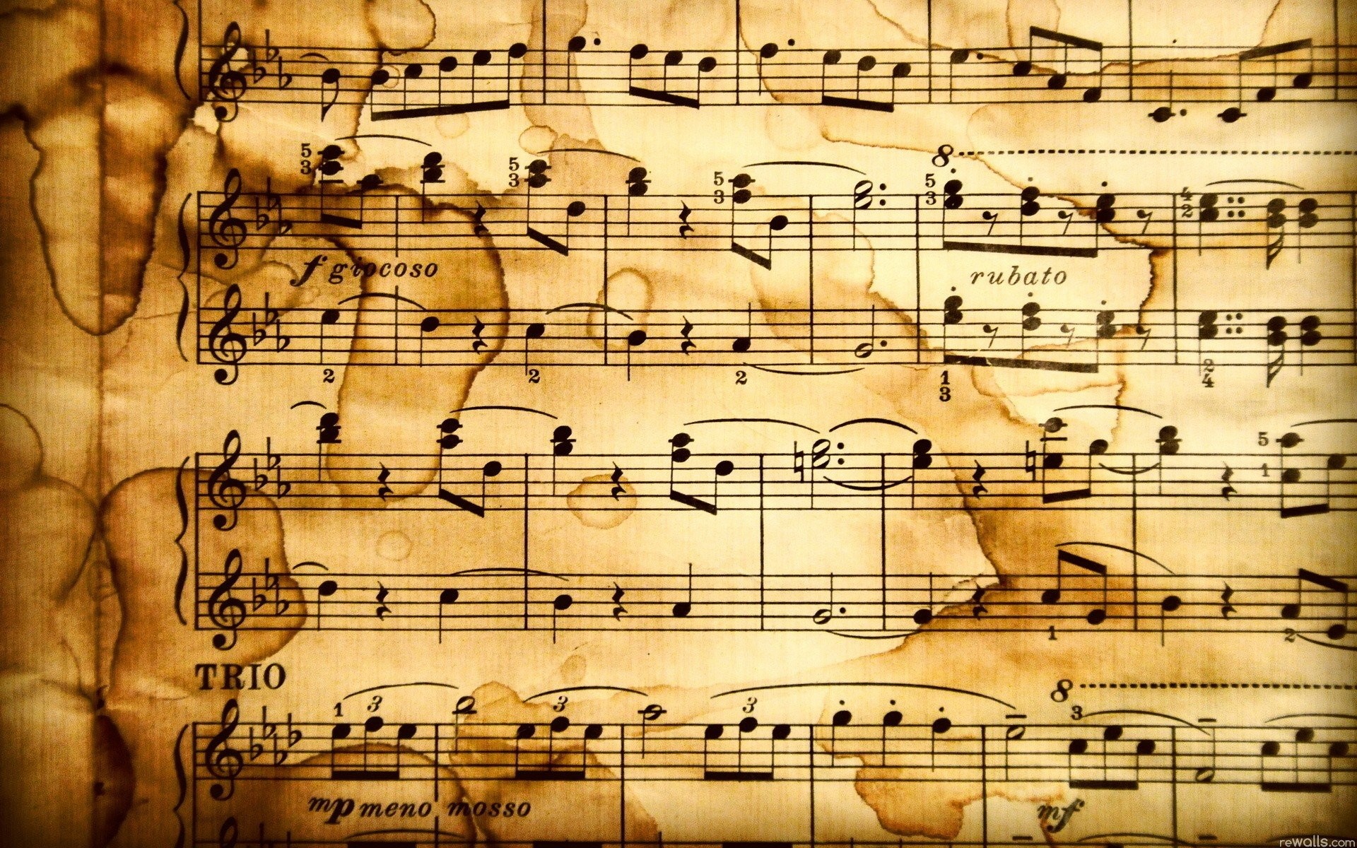 Spartito, Carta antica, Note musicali, Seppia, Full HD, sfondo desktop