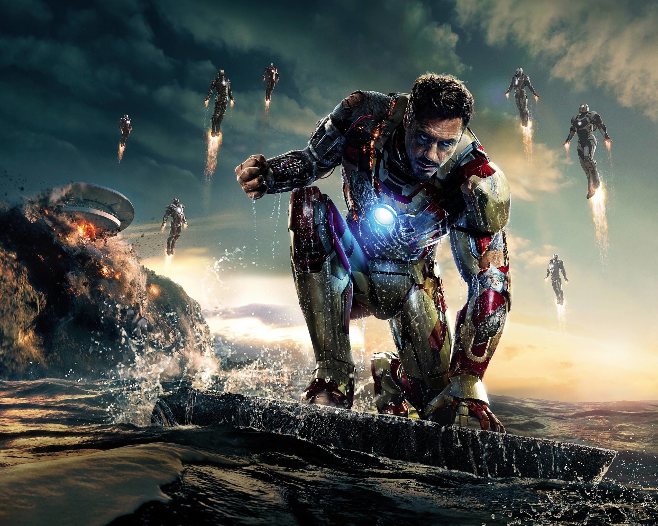 Tony Stark, Robert Downey Jr., Iron Man 3, Armature, Mare, 2K, sfondo per PC