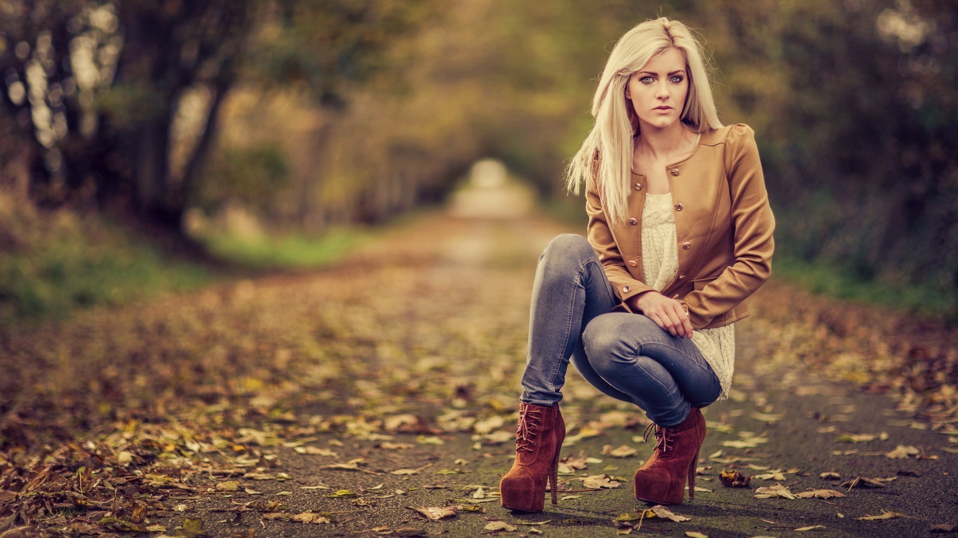 Modella, Giacca di pelle, Autunno, Viale, 16:9 Full HD, sfondo widescreen