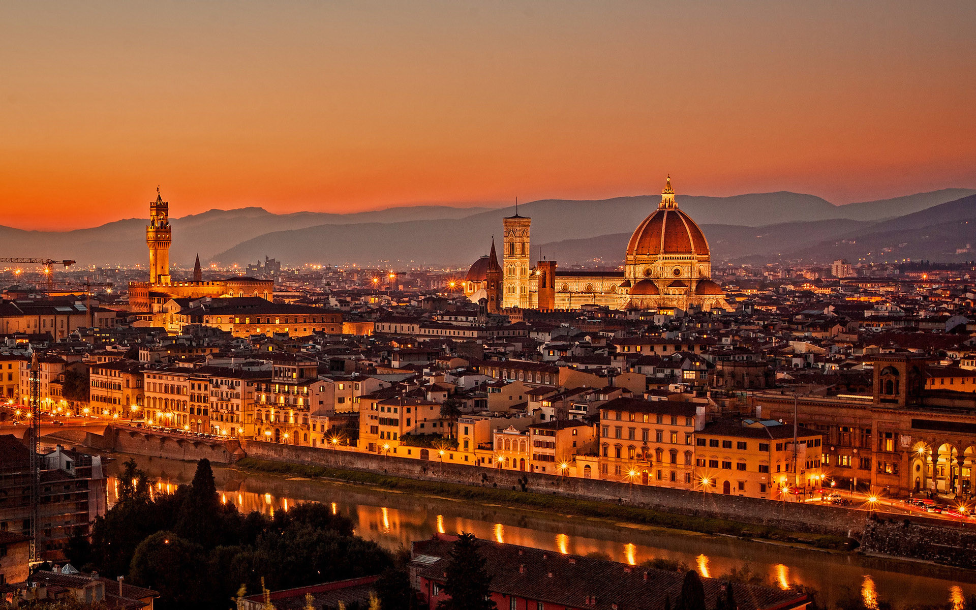 Firenze, Duomo di Firenze, Palazzo Vecchio, Italia, Tramonto, Full HD, sfondo Windows 11