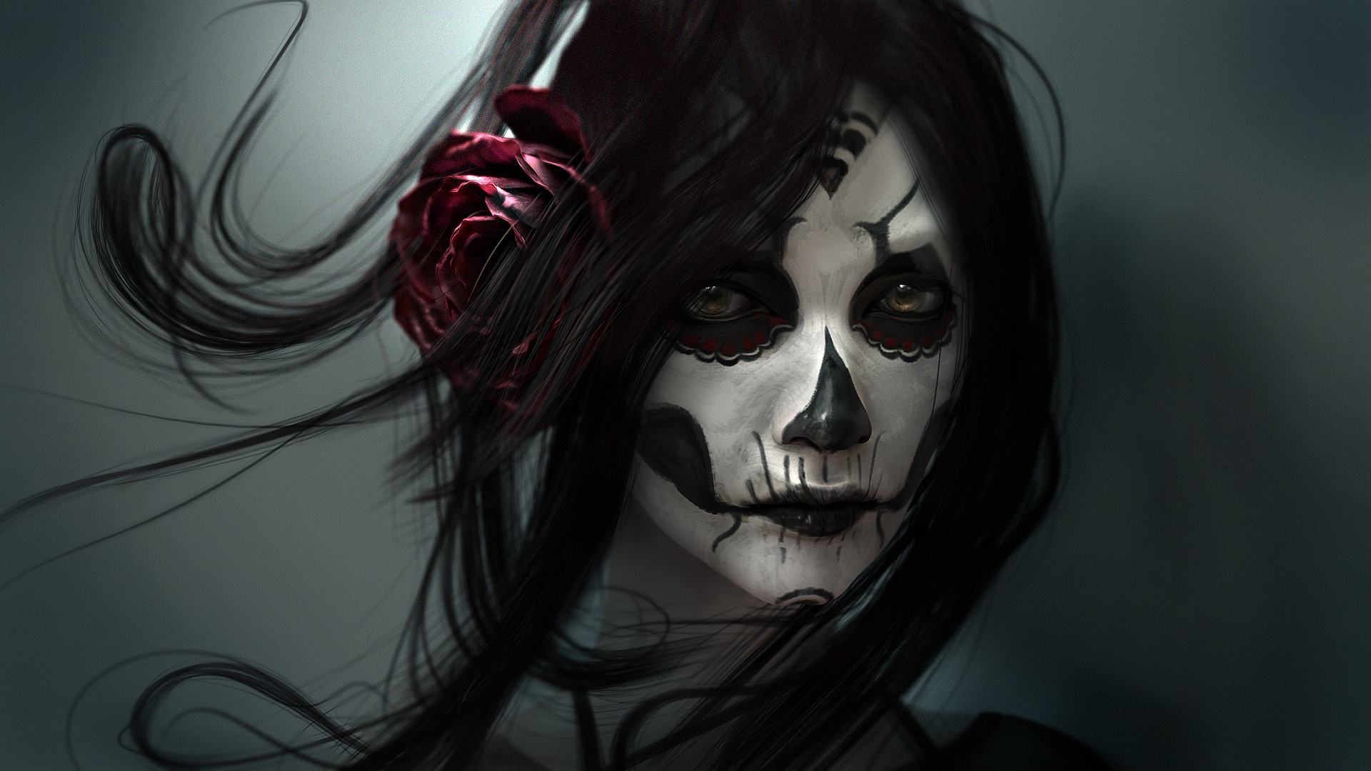 Catrina, Trucco teschio, Rosa rossa, Ritratto, 1920x1080, wallpaper desktop