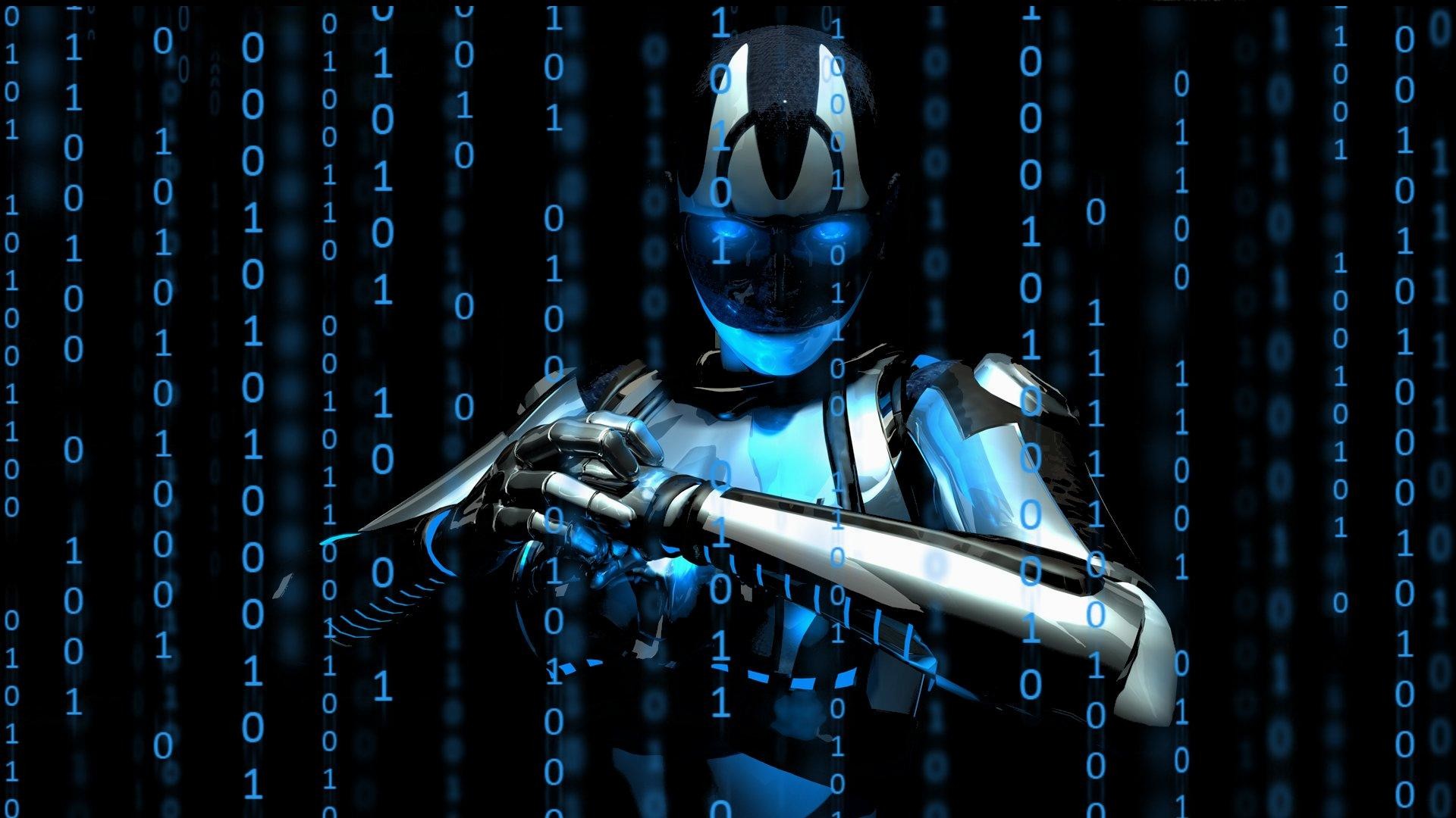 Robot, Codice binario, Blu, Cyborg, 1920x1080, immagine di sfondo