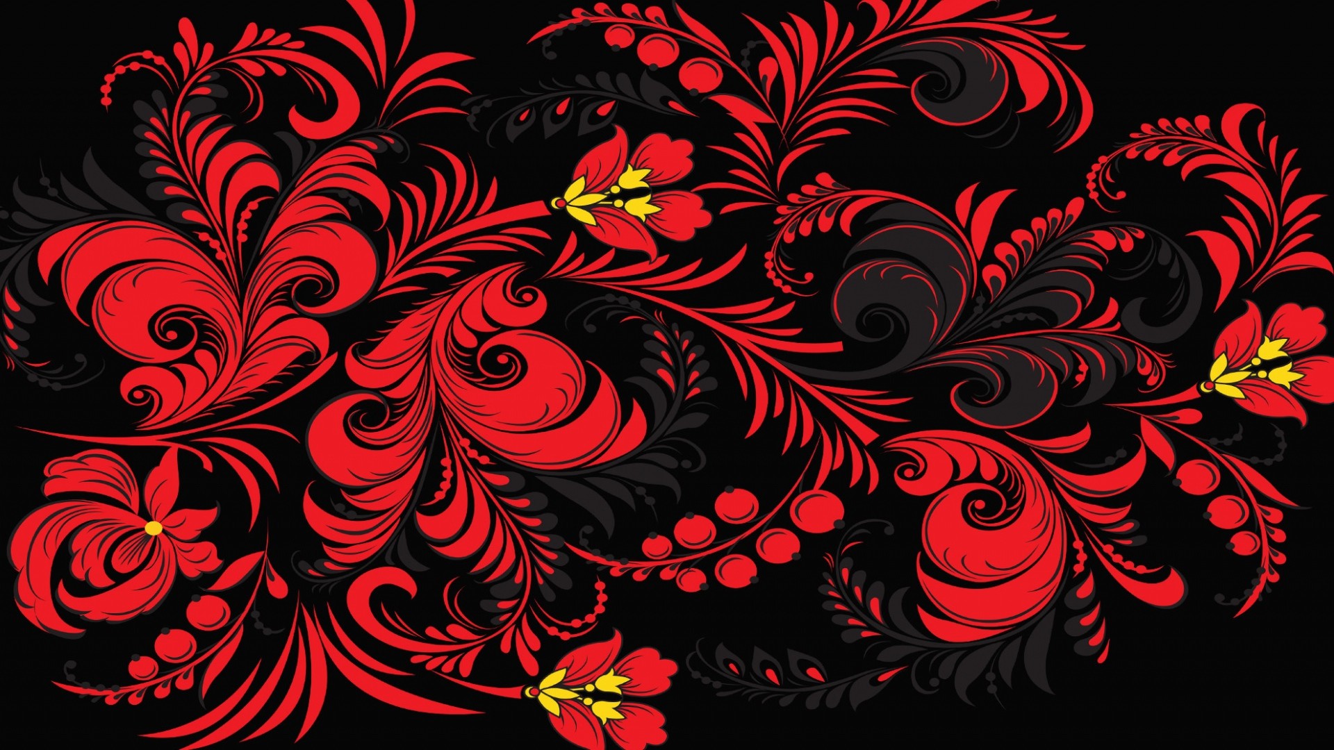 Khokhloma, Motivo floreale, Rosso e nero, Arte popolare russa, Full HD, wallpaper per portatile