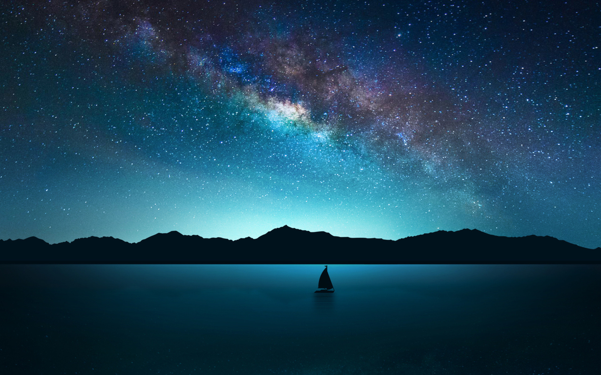 Via Lattea, Barca a vela, Lago, Notte, Silhouette, Full HD, sfondo PC