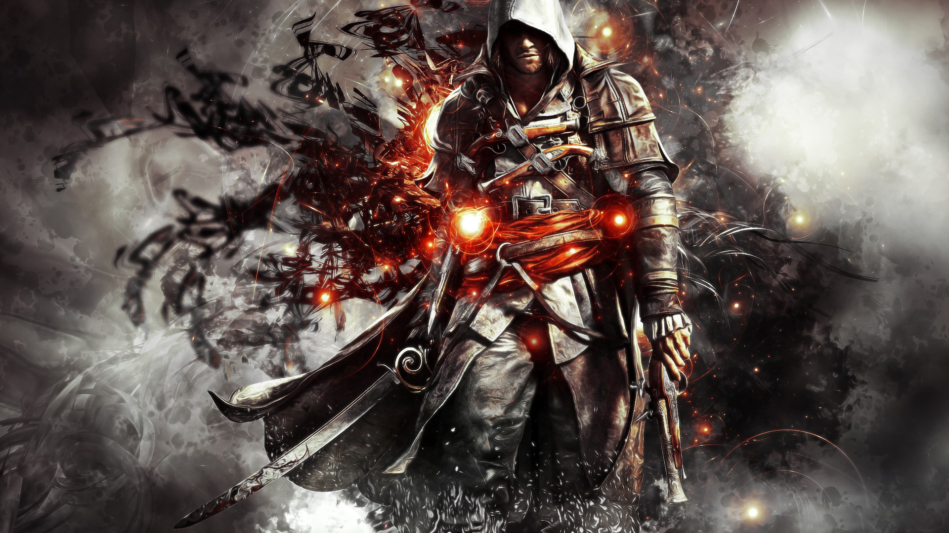 Edward Kenway, Assassin's Creed IV: Black Flag, Arte digitale, Fuoco, sfondo desktop Full HD