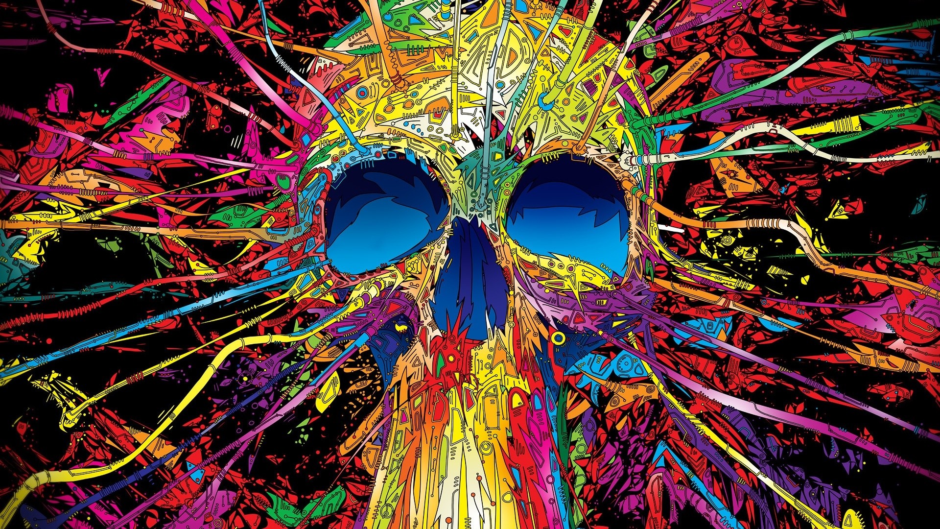 Teschio, Arte psichedelica, Multicolore, Sfondo nero, Full HD, wallpaper desktop