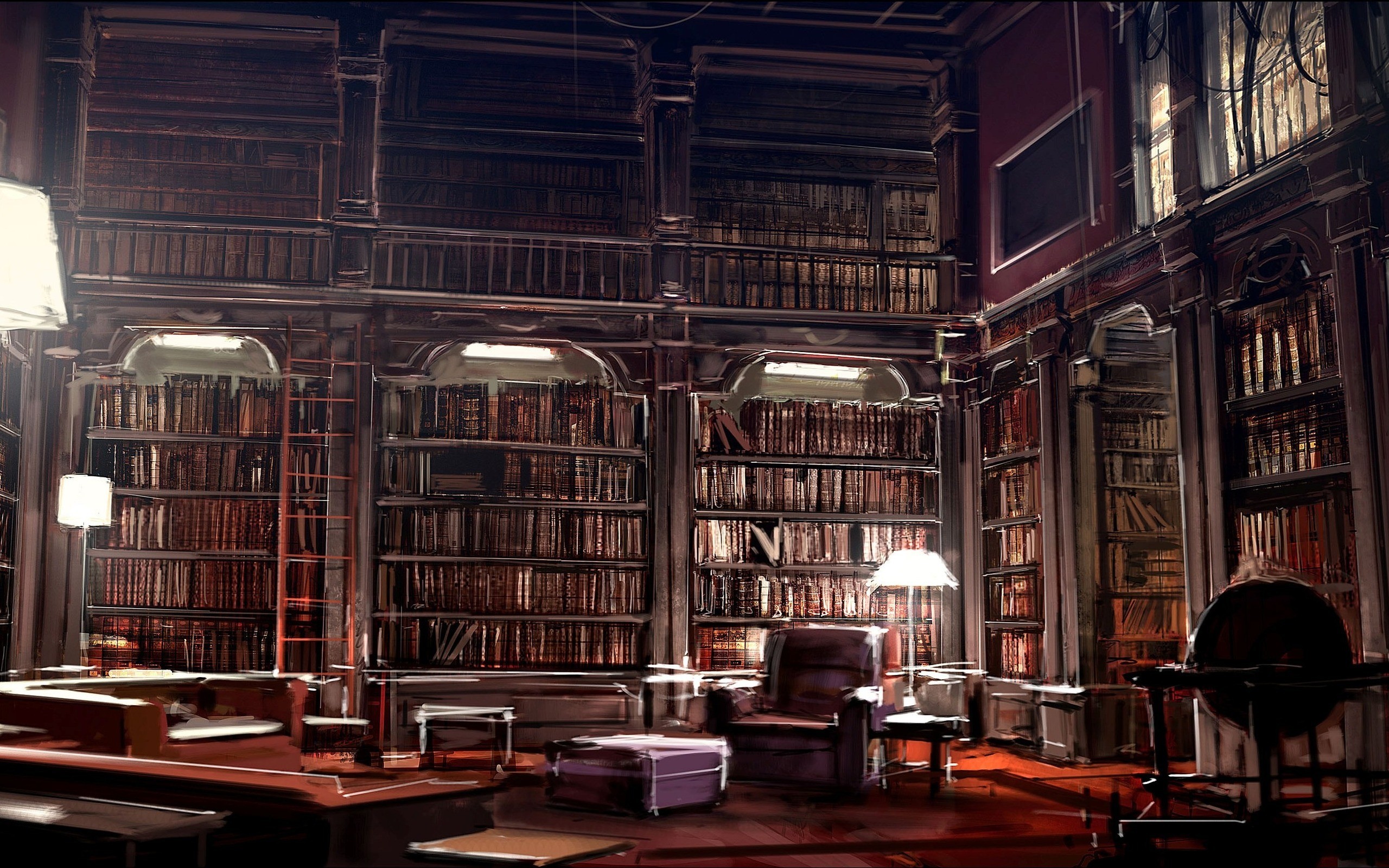 Biblioteca, Scaffali, Sala lettura, Interni, 2K, sfondo Windows 11