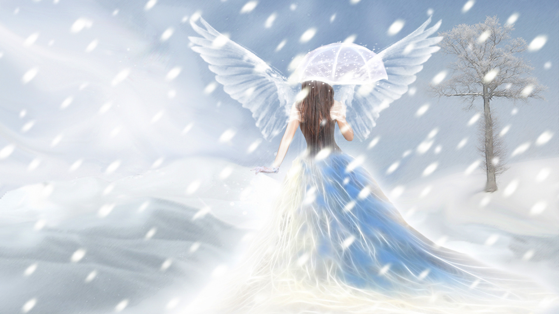 Angelo, Ali bianche, Ombrello, Neve, Inverno, 1920x1080, immagine di sfondo
