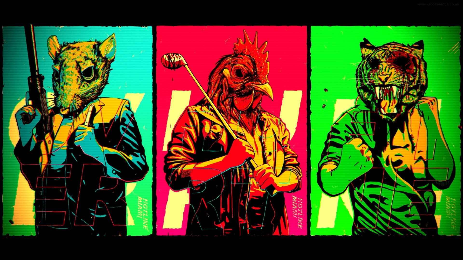 Hotline Miami, Maschere animali, Pop art, Collage, Full HD 1080p, sfondo desktop
