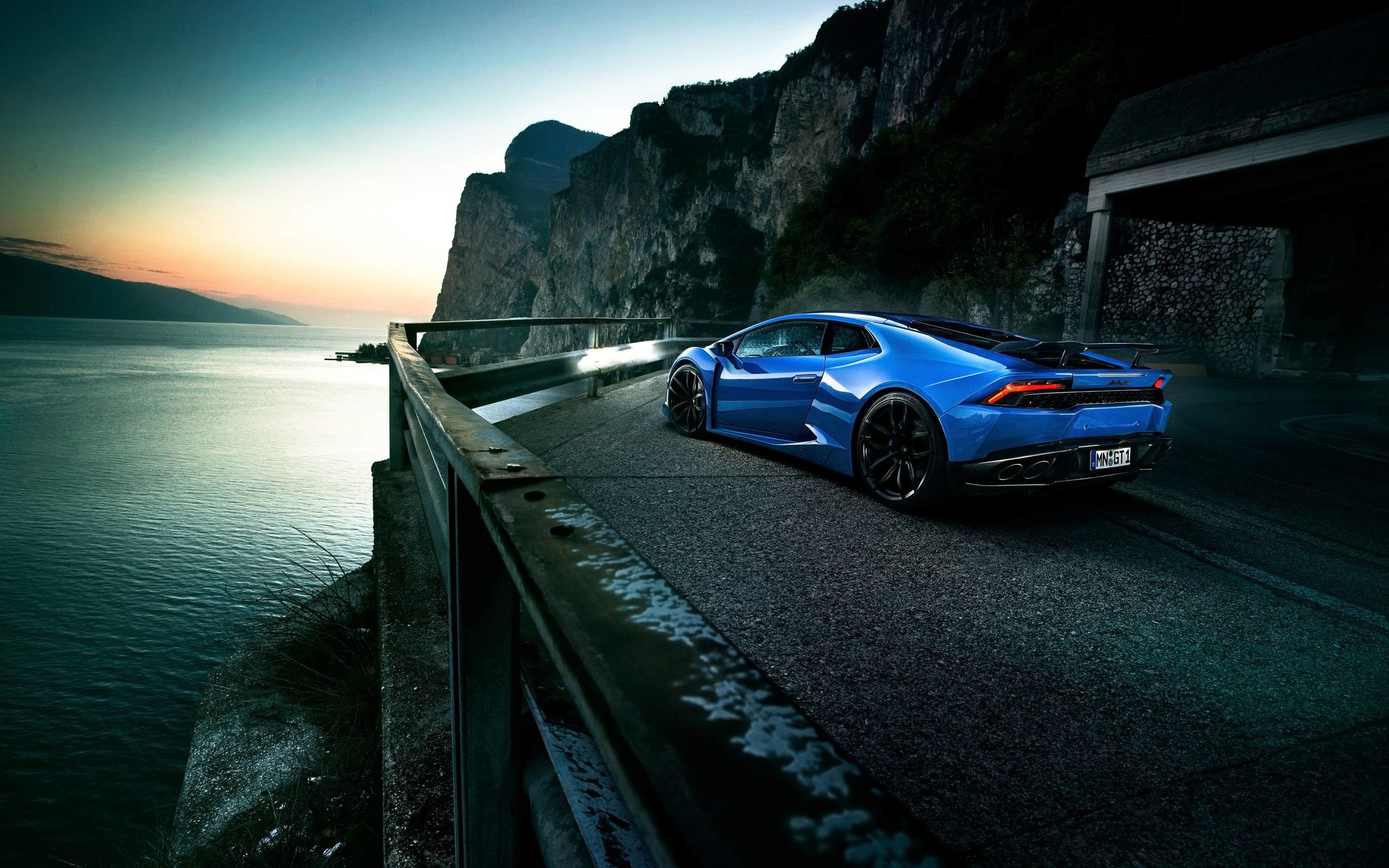 Lamborghini Huracán, Blu, Costa, Tramonto, 2K, sfondo per PC e portatile