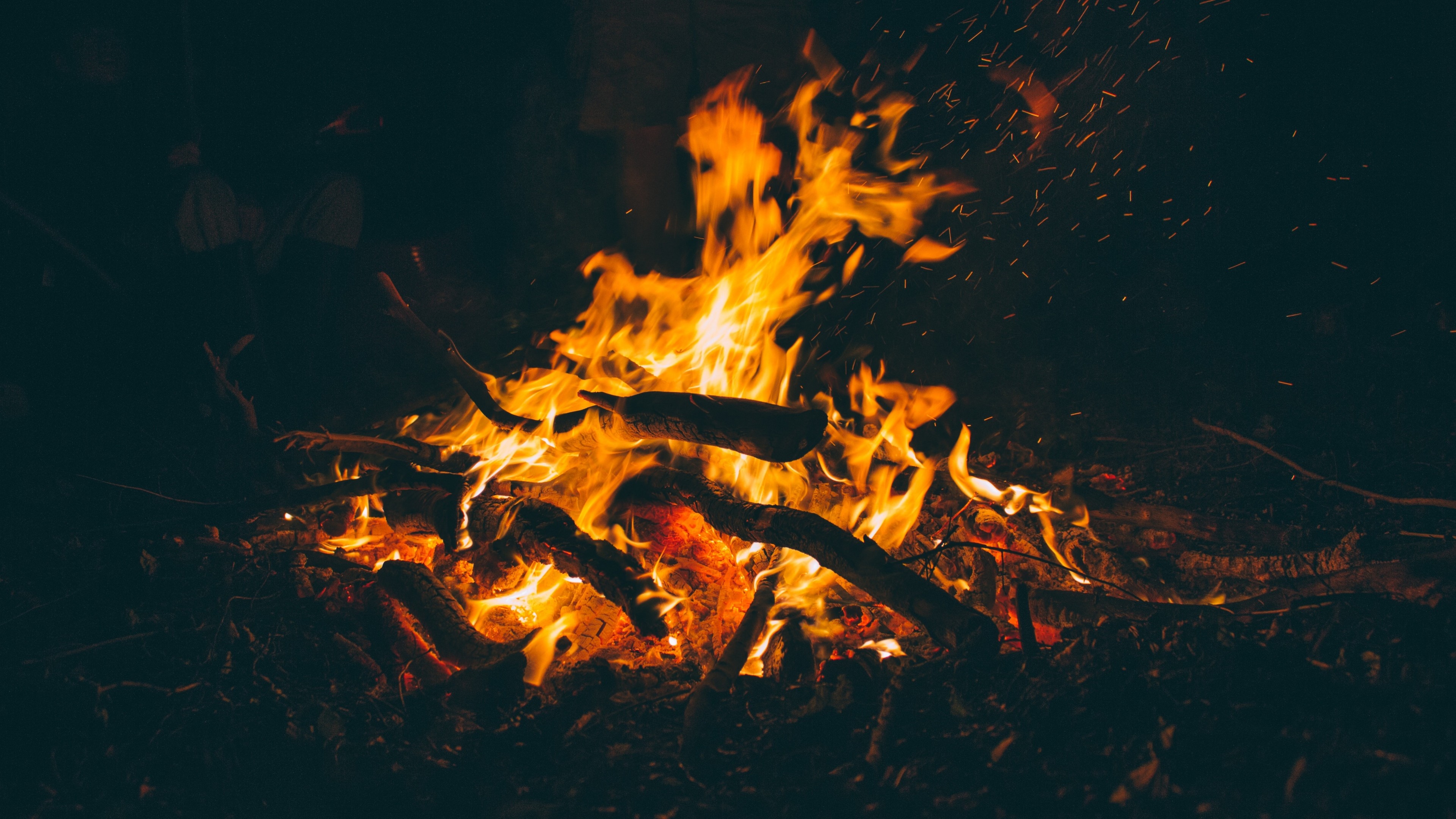 Falò, Legna, Fiamme, Notte, 4K, sfondo per portatile