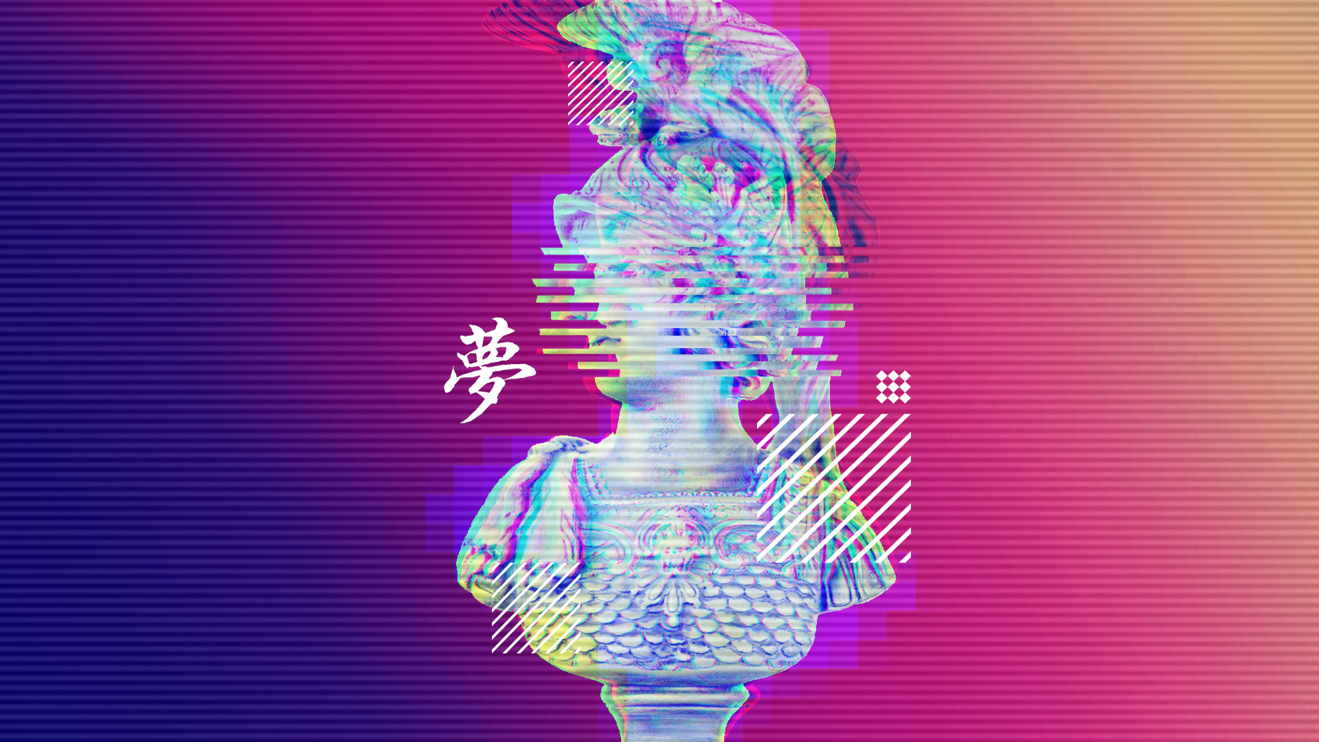 Vaporwave, Busto classico, Kanji, Glitch, Gradiente, Full HD, sfondo Windows 11