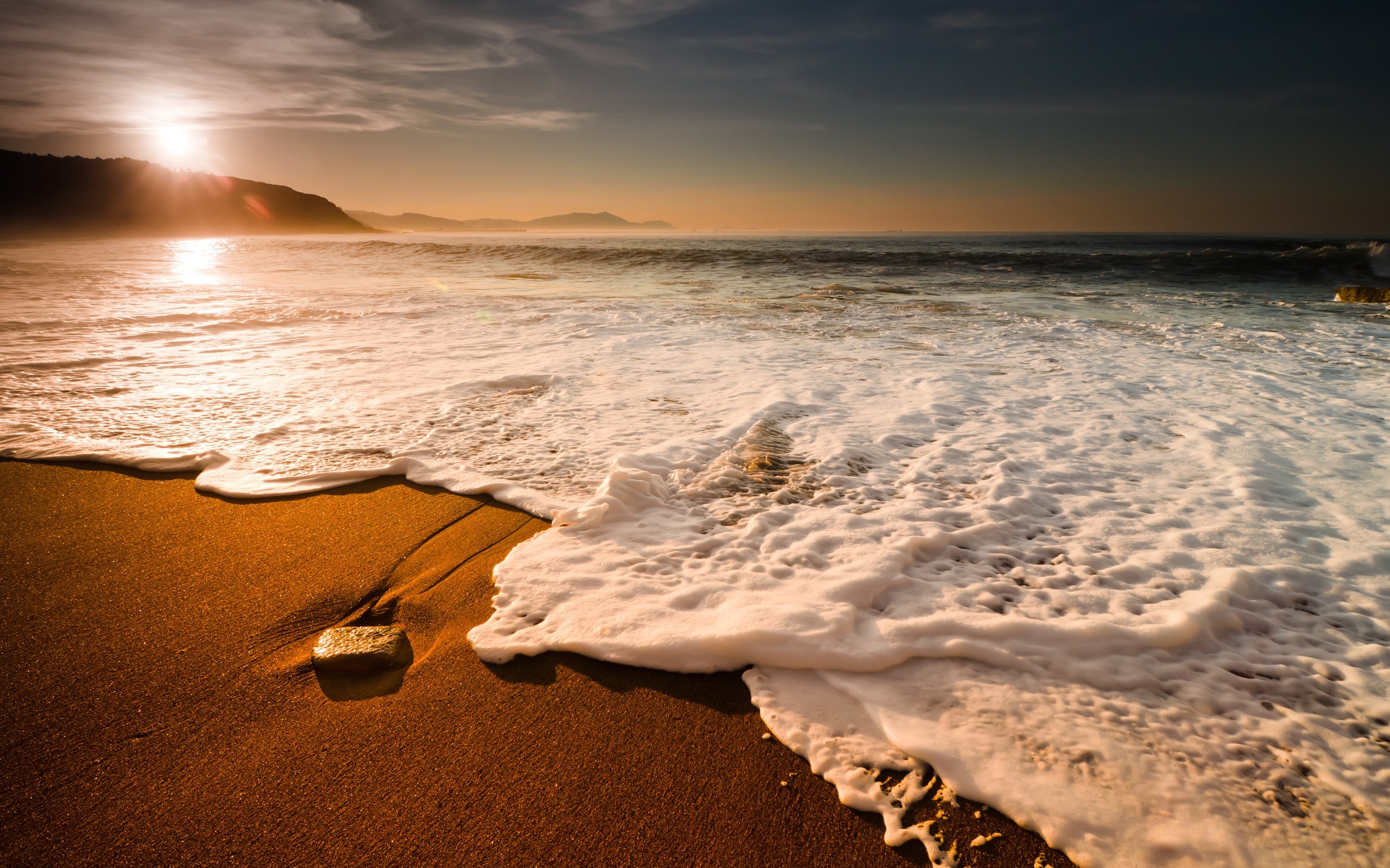 Spiaggia, Schiuma del mare, Onde, Tramonto, 16:10 2K, sfondo widescreen