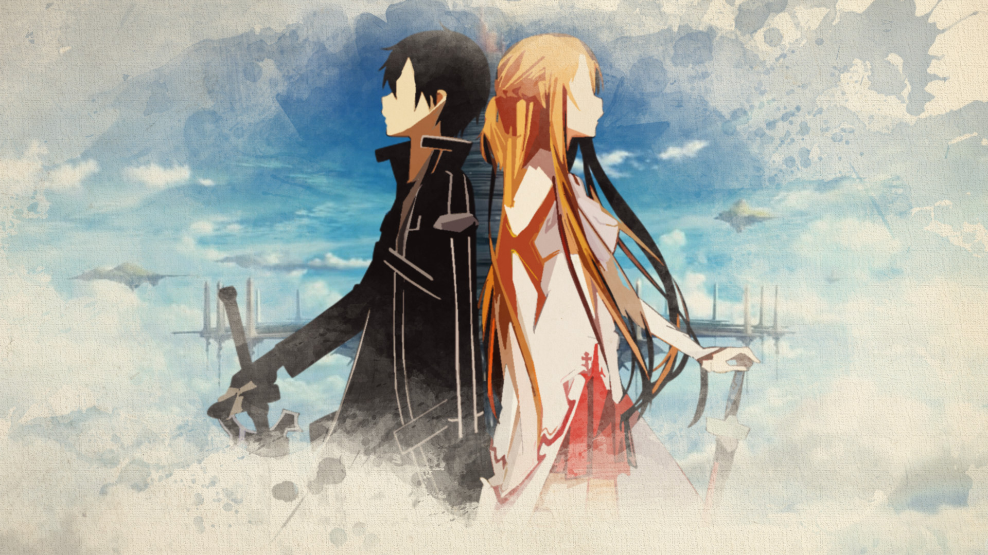 Kirito, Asuna, Sword Art Online, Nuvole, Acquerello, Full HD, sfondo per PC