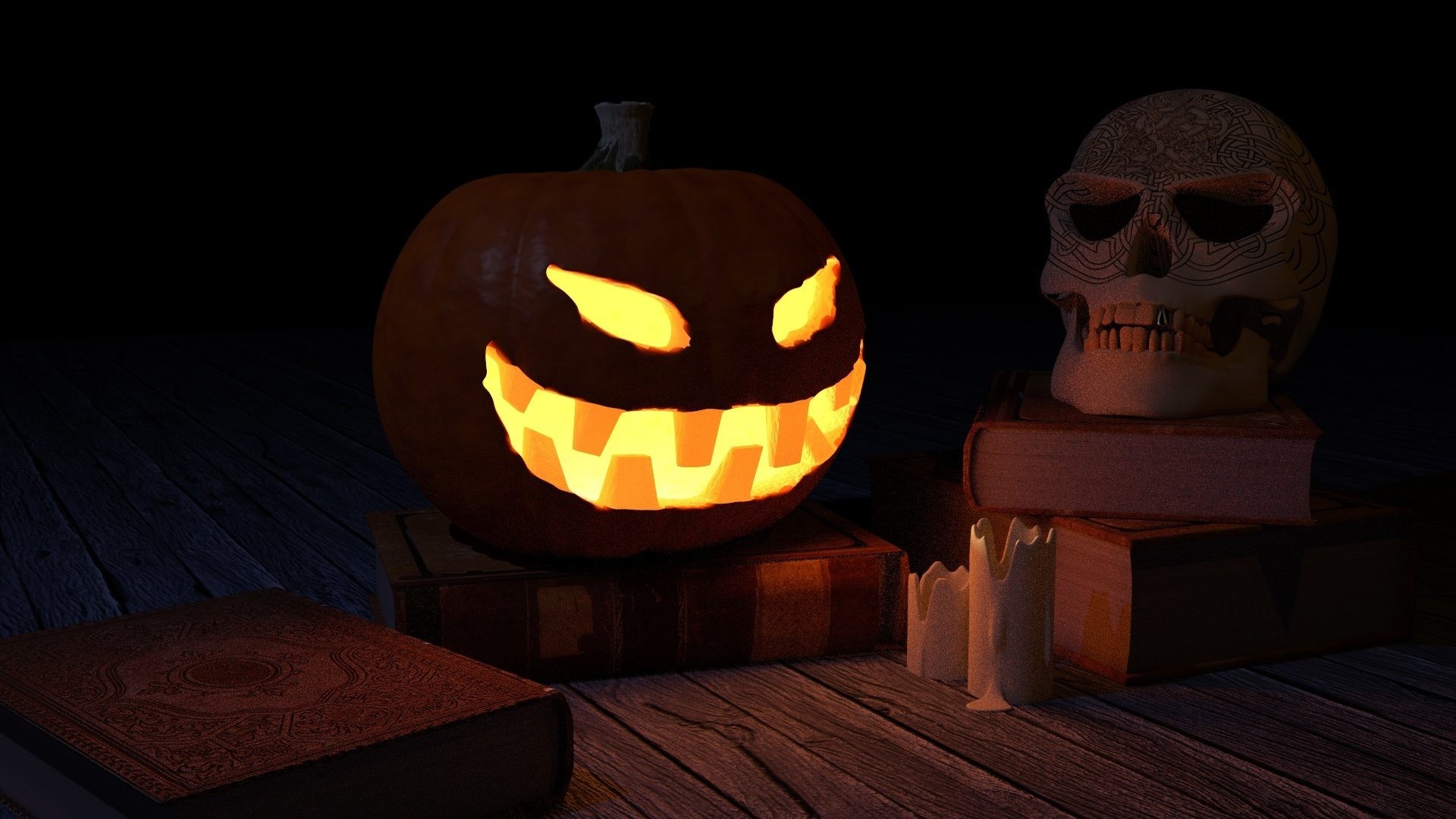 Jack-o'-lantern, Teschio, Libri, Candele, 16:9 Full HD, sfondo widescreen