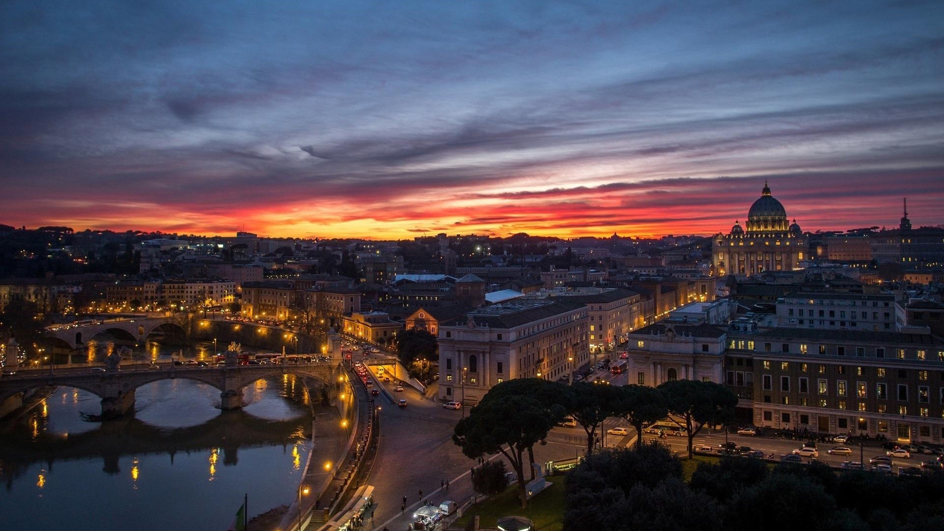Tevere, Basilica di San Pietro, Roma, Tramonto, Panorama, Full HD, sfondo per PC e portatile