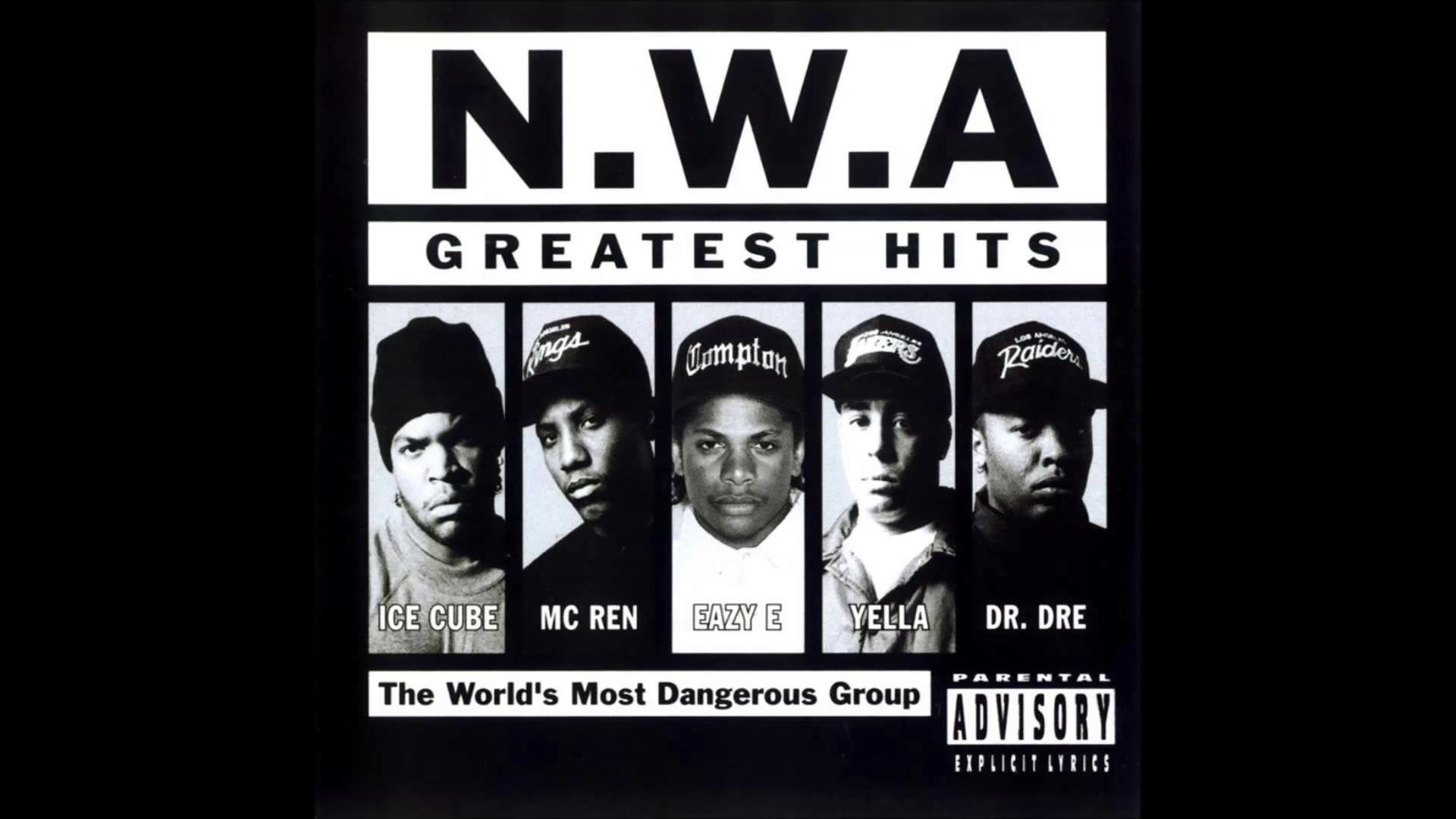N.W.A, Greatest Hits, Ice Cube, MC Ren, Eazy-E, DJ Yella, Dr. Dre, Copertina album, immagine di sfondo