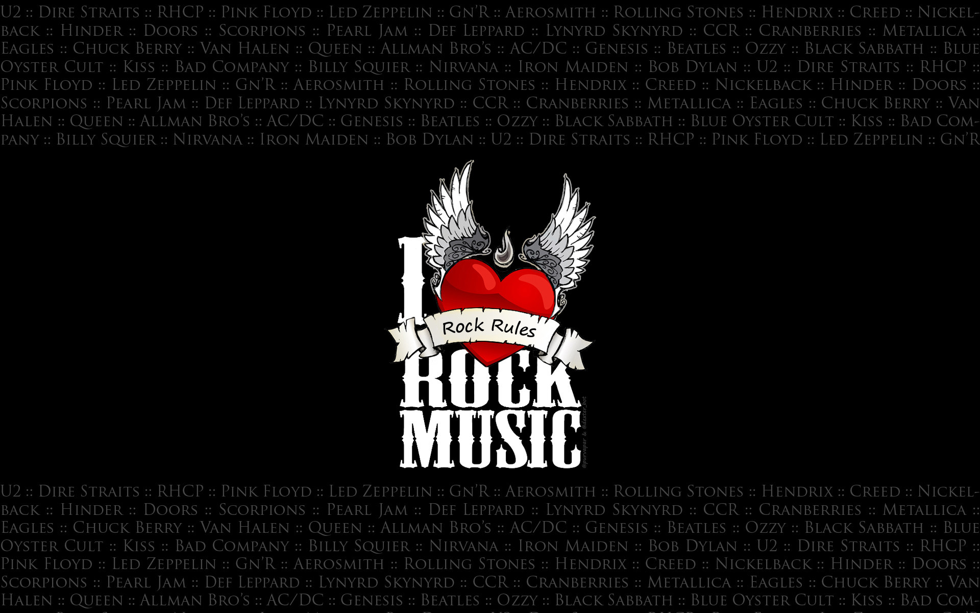 I Love Rock Music, Cuore alato, Nomi di band, Sfondo nero, Full HD, wallpaper per PC