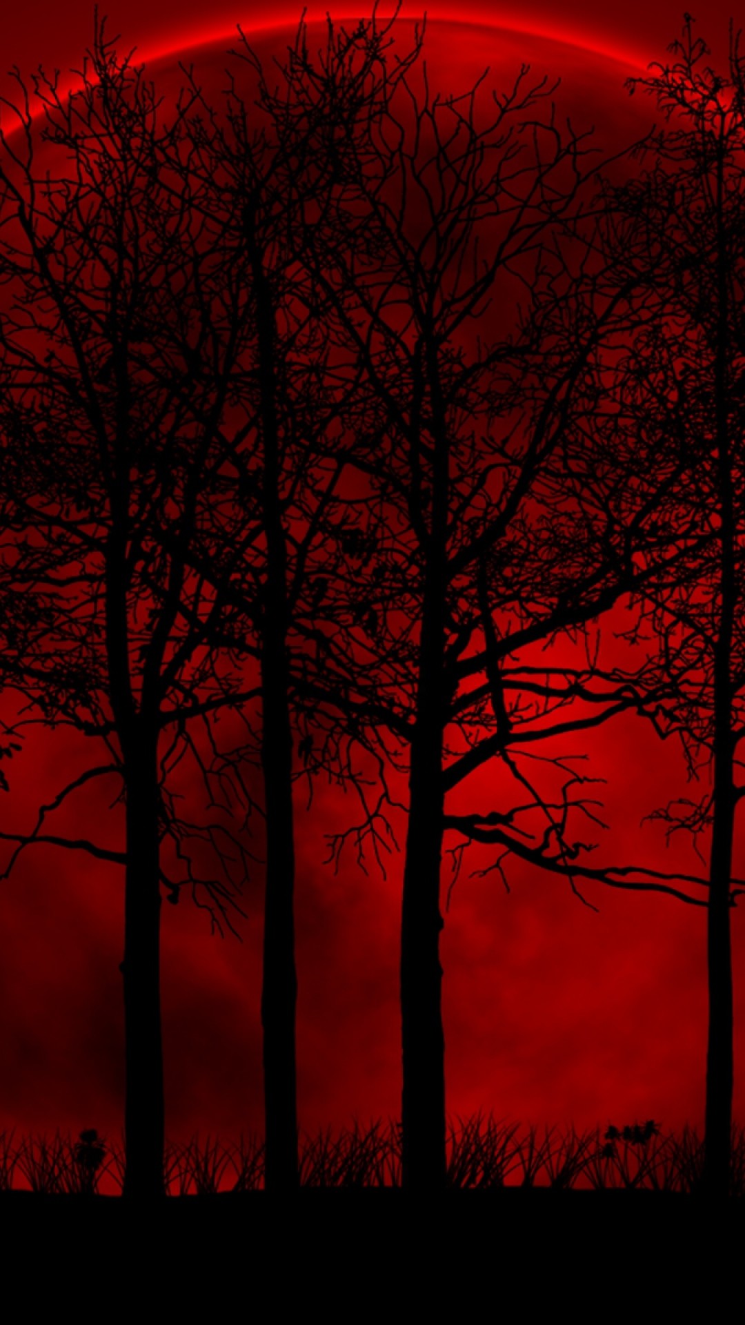 Alberi, Silhouette, Luna rossa, Rosso, Notte, Full HD, sfondo per iPhone e Android