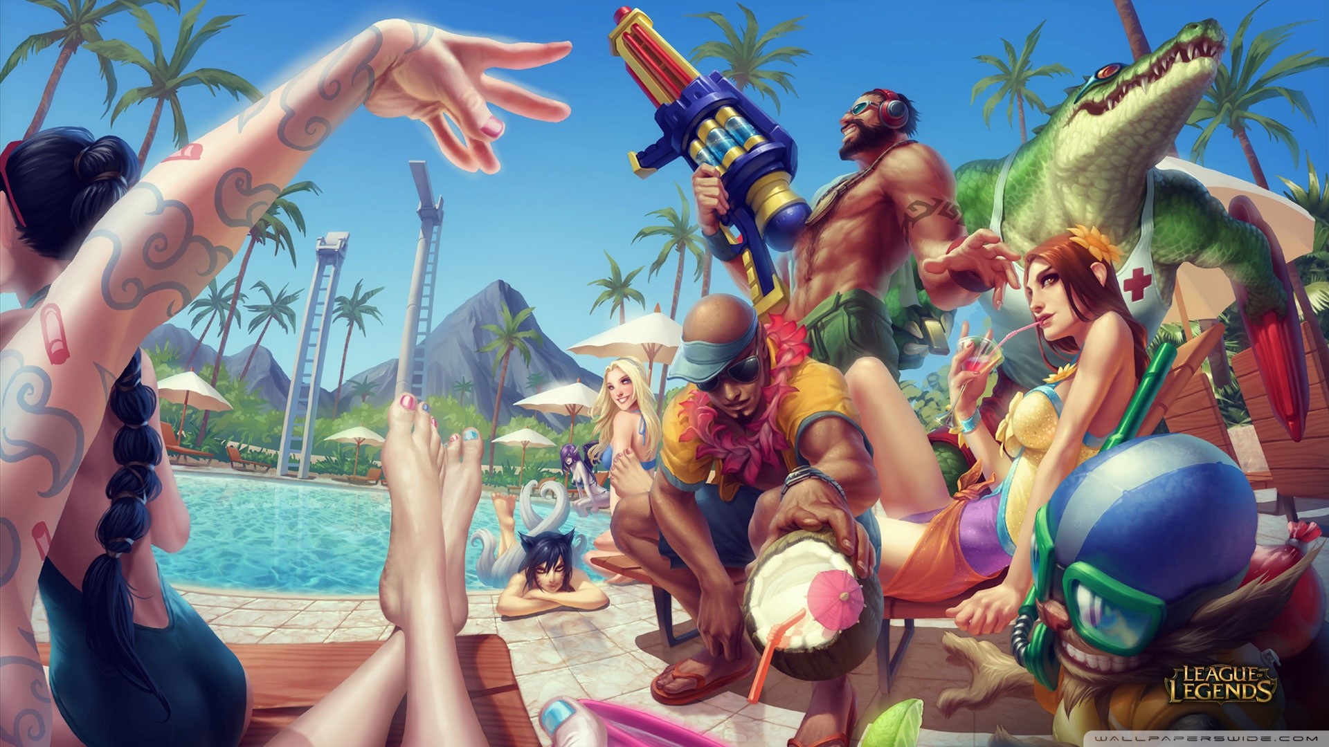 Pool Party, Graves, Renekton, Leona, League of Legends, Piscina, sfondo 16:9 Full HD