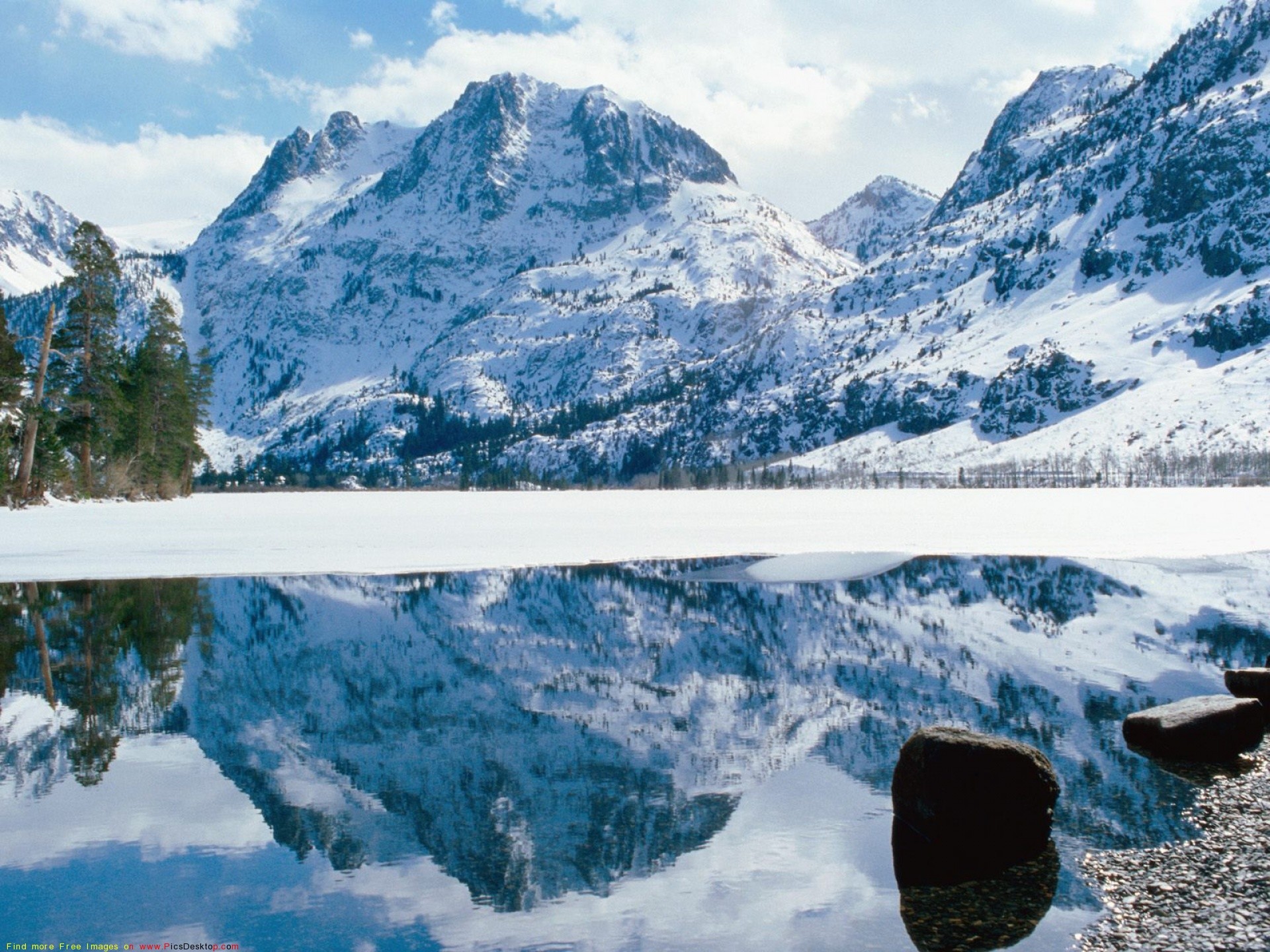 Montagne innevate, Lago, Riflesso, Inverno, sfondo per iPad e tablet