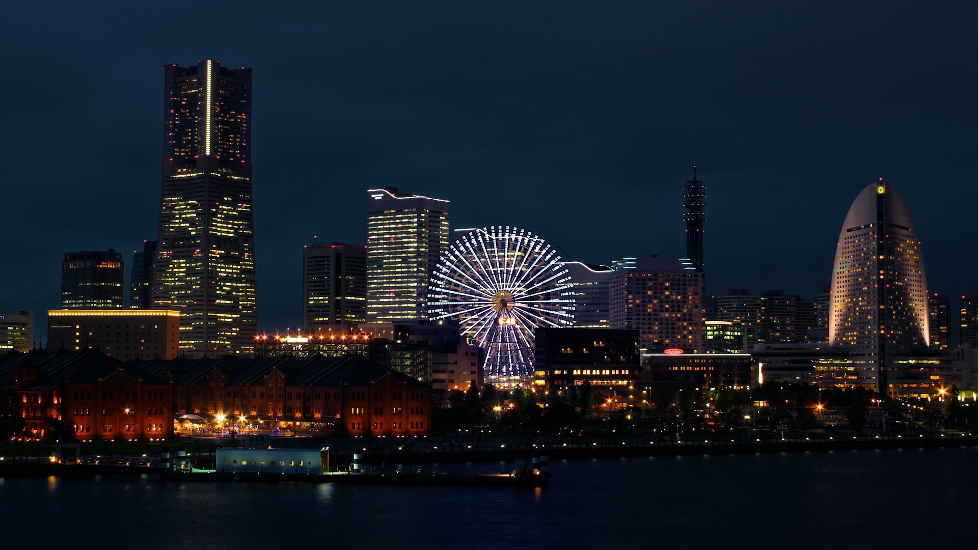 Minato Mirai, Yokohama, Landmark Tower, Cosmo Clock 21, Giappone, Notte, sfondo per portatile