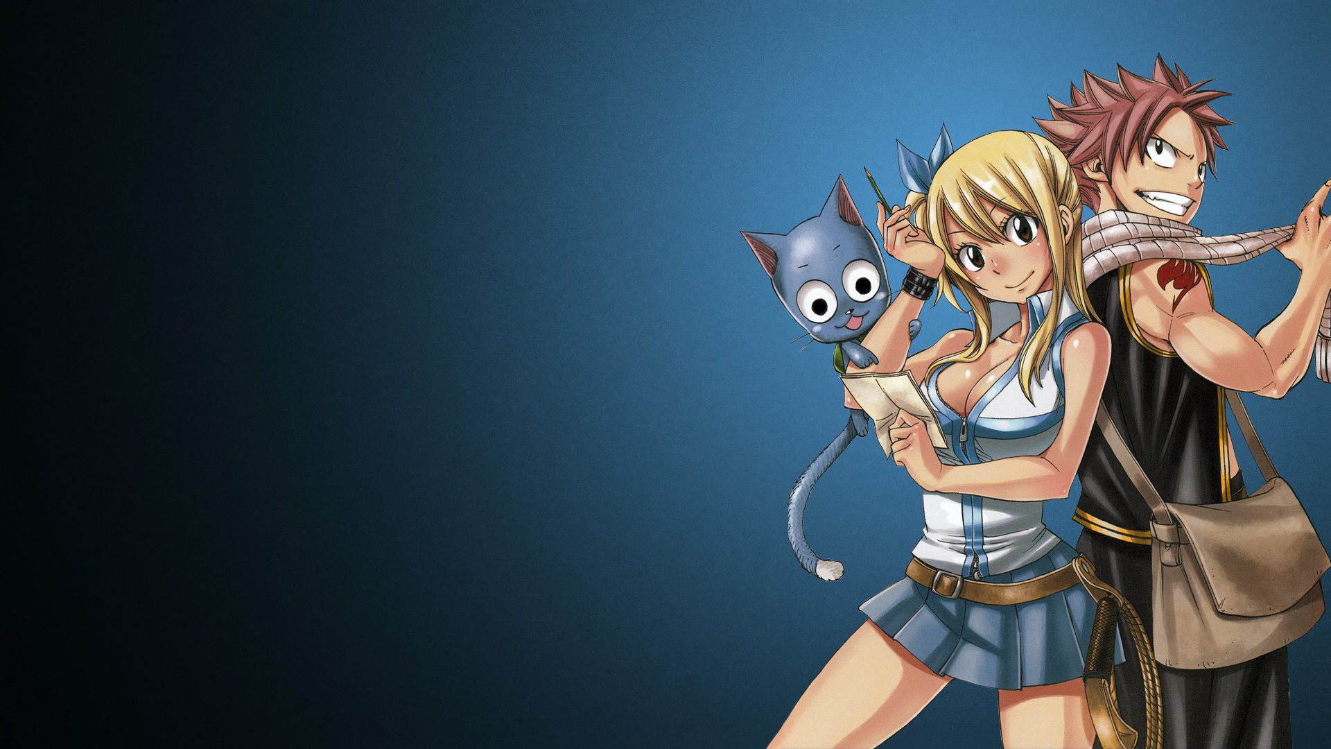 Lucy Heartfilia, Natsu Dragneel, Happy, Fairy Tail, Sfondo blu, 1920x1080, wallpaper desktop