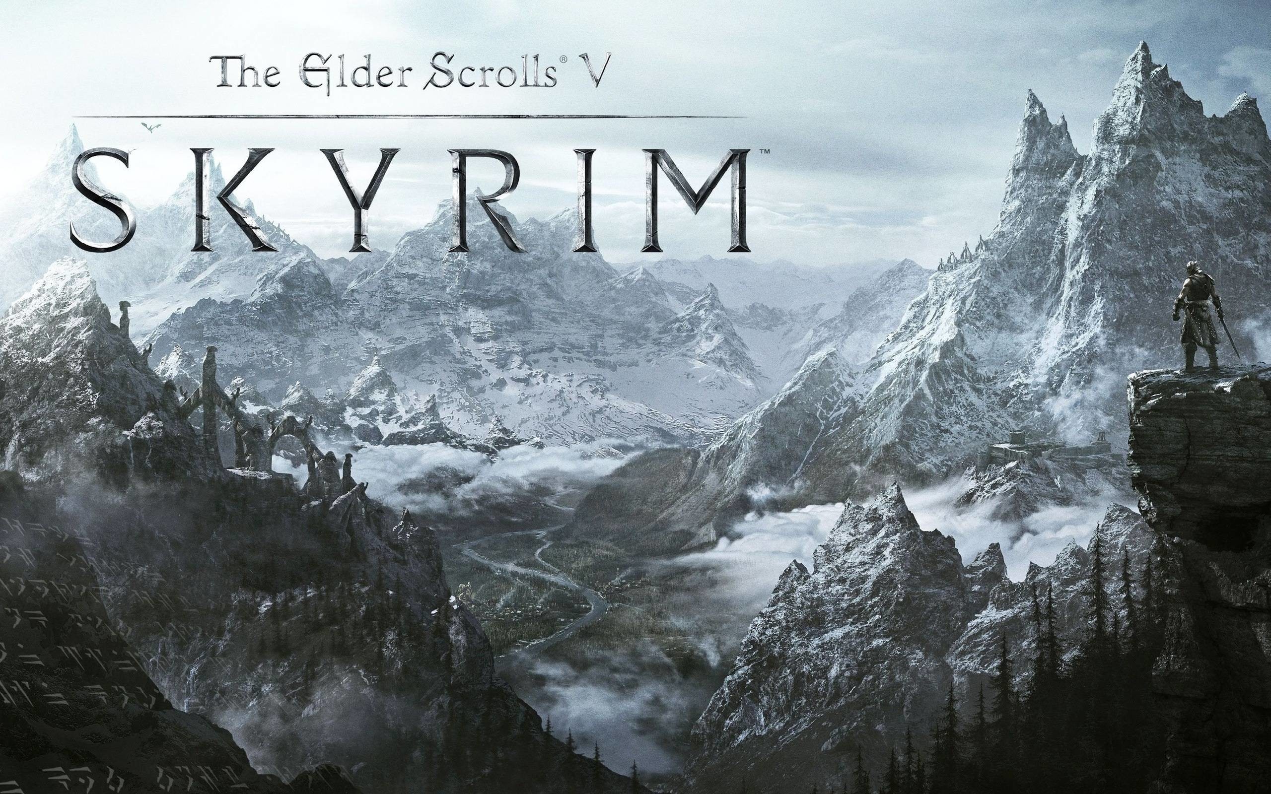 The Elder Scrolls V: Skyrim, Logo, Montagne innevate, Dovahkiin, sfondo widescreen 2K