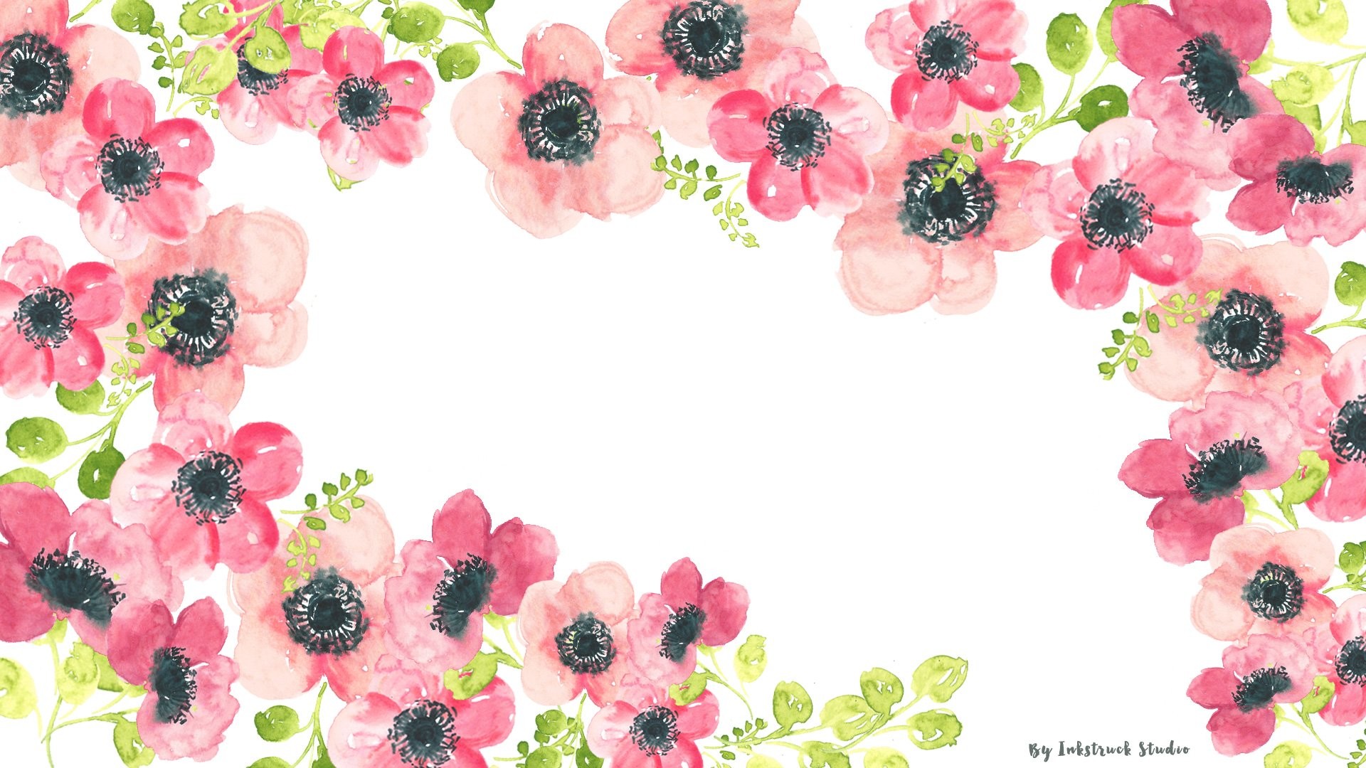 Anemoni, Acquerello, Cornice floreale, Rosa, Sfondo bianco, Full HD, wallpaper desktop