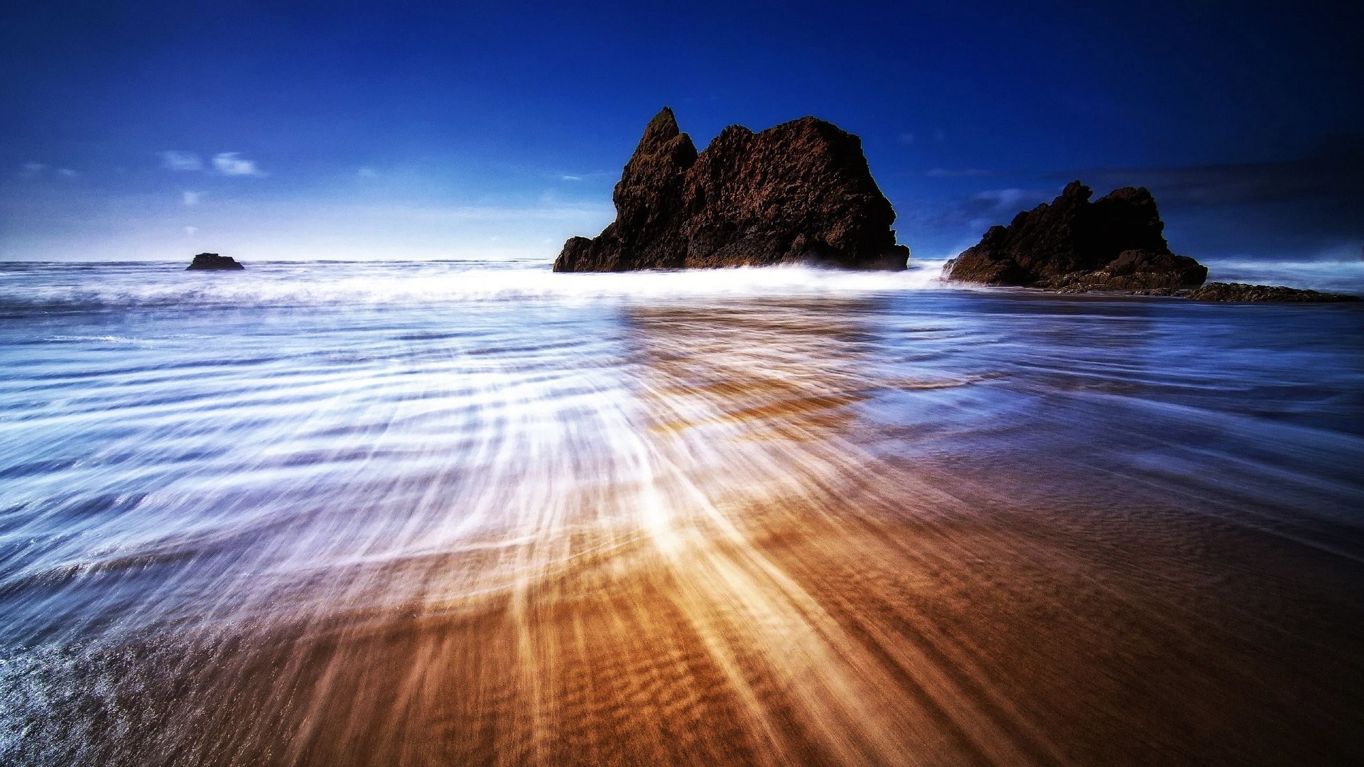 Scogli, Onde, Spiaggia, Lunga esposizione, Blu, Full HD, sfondo Windows 11
