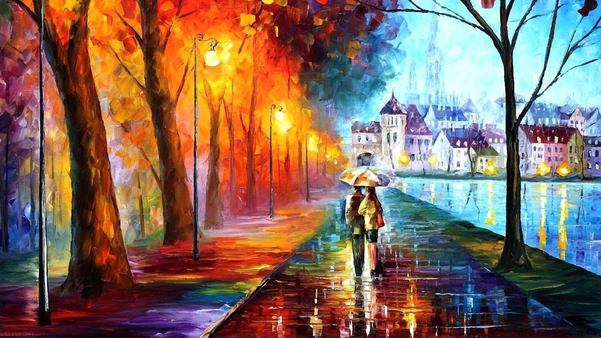 Leonid Afremov, Pittura a olio, Coppia con ombrello, Parco, Pioggia, sfondo Full HD per computer