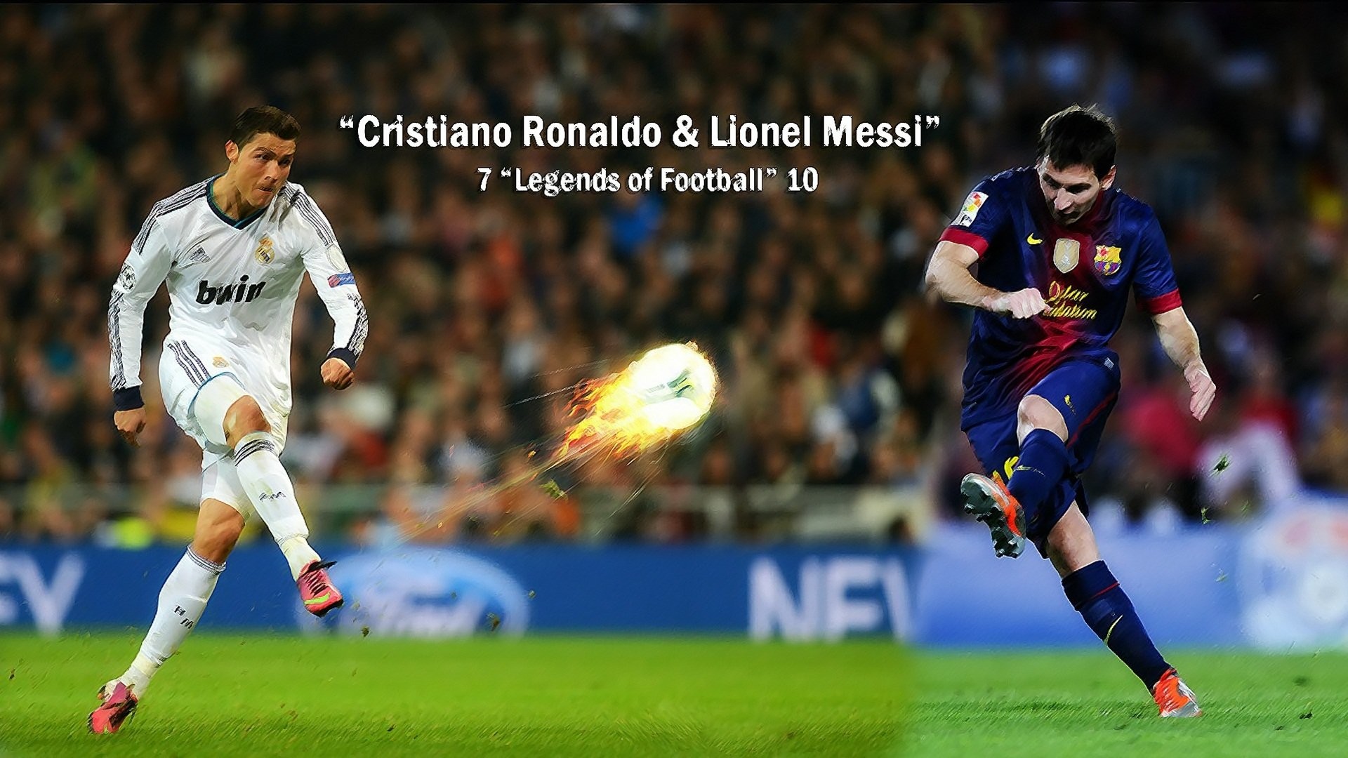 Cristiano Ronaldo, Lionel Messi, Real Madrid, FC Barcelona, Tiro infuocato, sfondo desktop 1080p