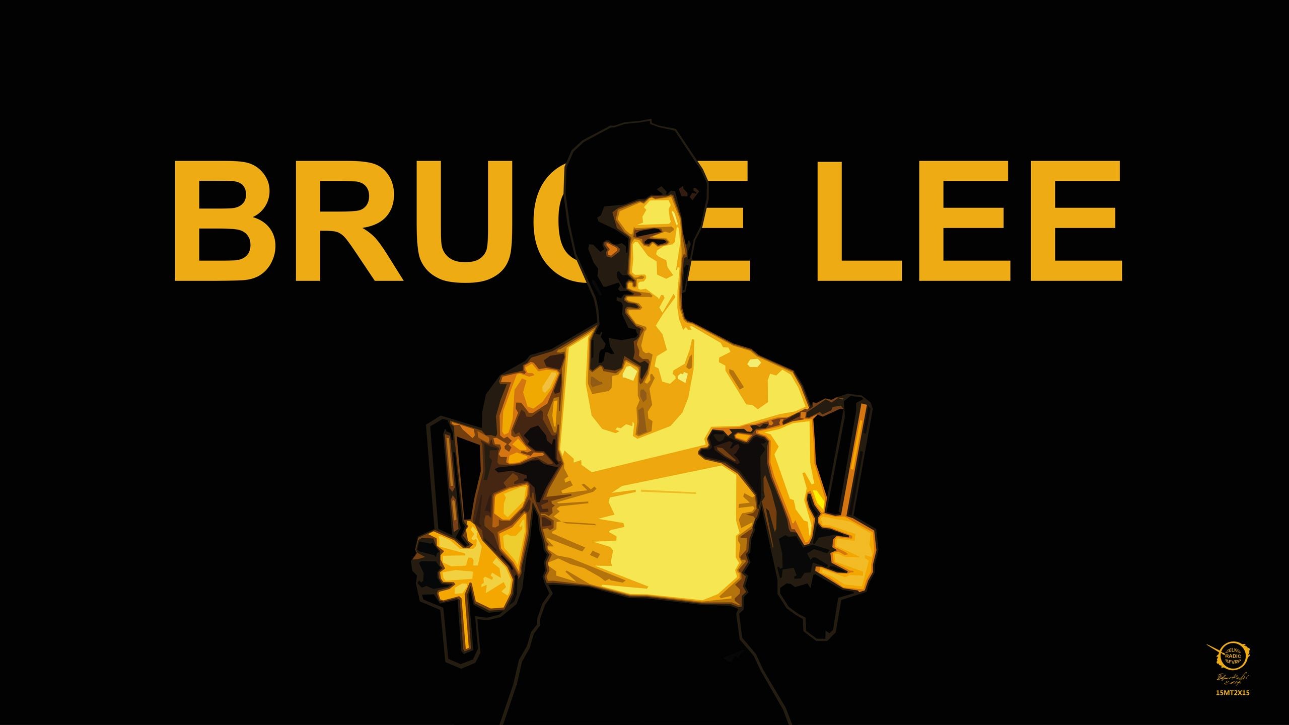 Bruce Lee, Nunchaku, Tuta gialla, Sfondo nero, 2K, wallpaper per portatile