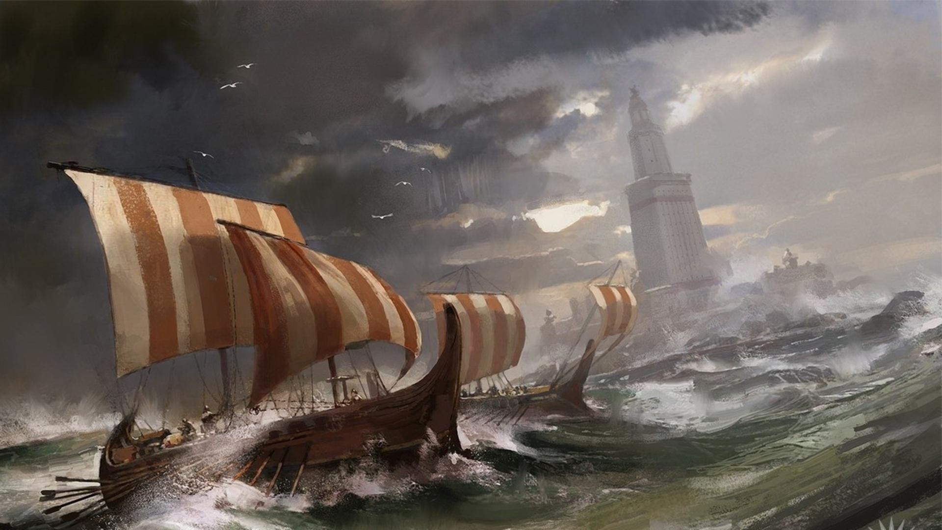 Drakkar, Mare in tempesta, Vele a righe, Faro, Full HD, sfondo per PC