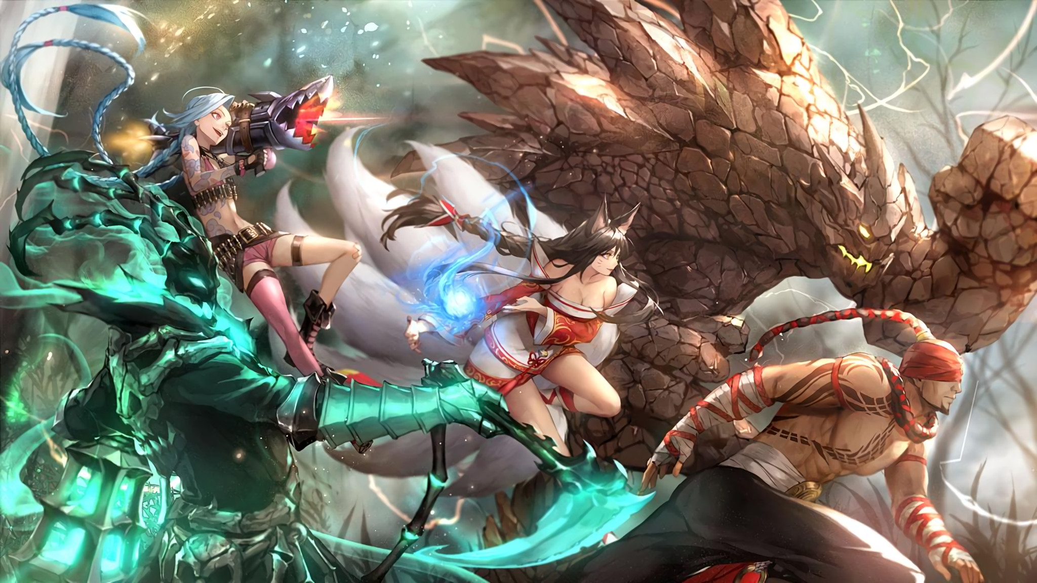Jinx, Ahri, Rengar, League of Legends, Fan art, Full HD, sfondo per PC e portatile