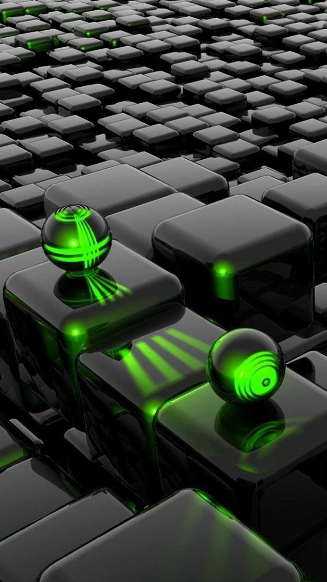 Cubi 3D, Sfere, Rendering 3D, Verde neon, Full HD, sfondo verticale per cellulare
