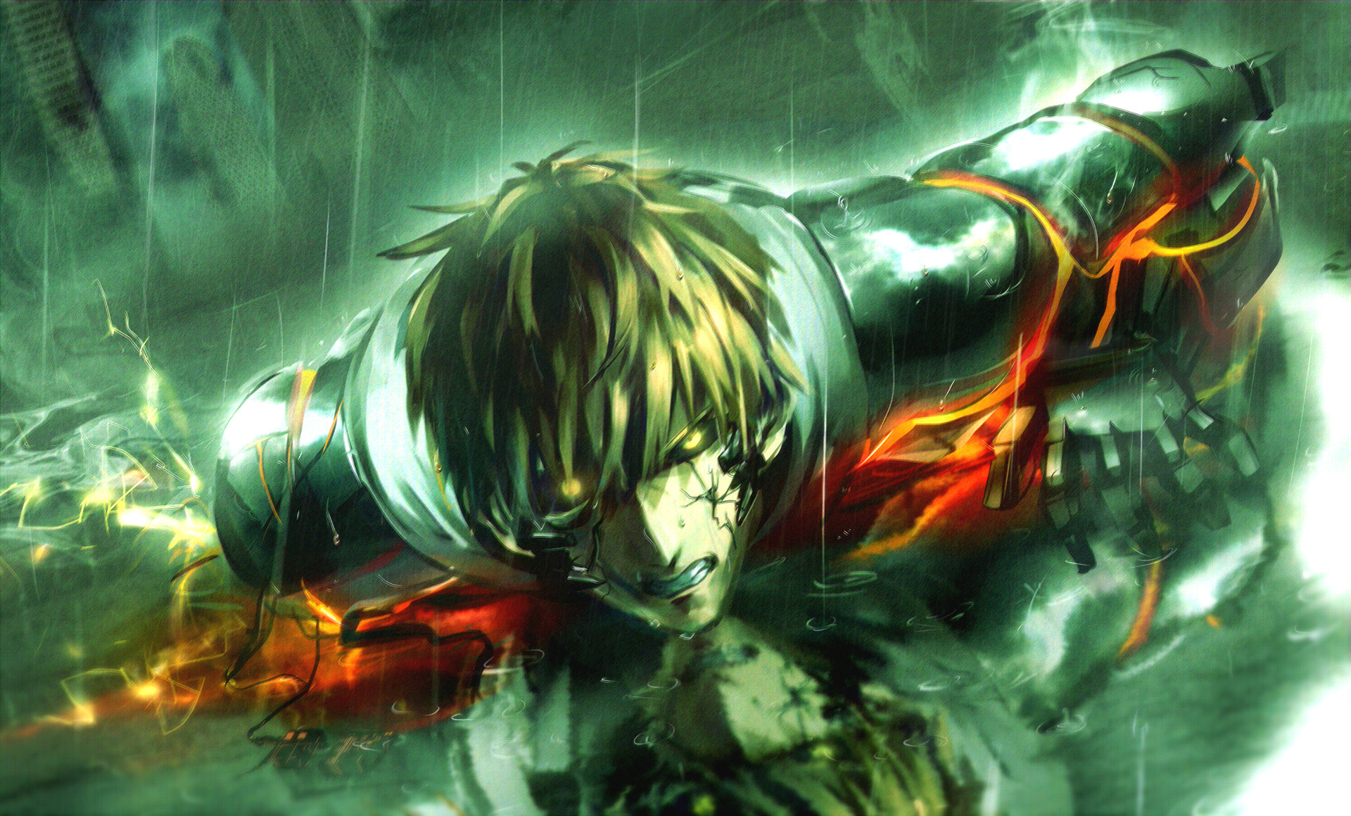 One Punch Man, Genos, Cyborg, Anime, Verde, Full HD, sfondo per portatile