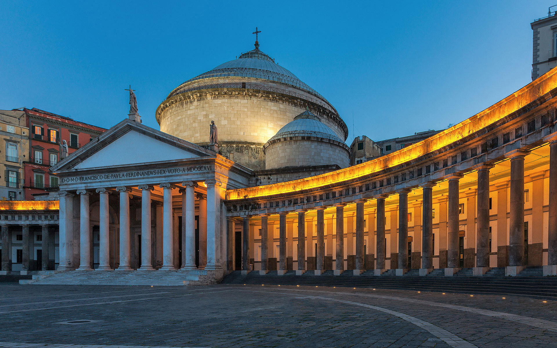 Basilica di San Francesco di Paola, Piazza del Plebiscito, Napoli, Colonnato, Crepuscolo, sfondo Full HD