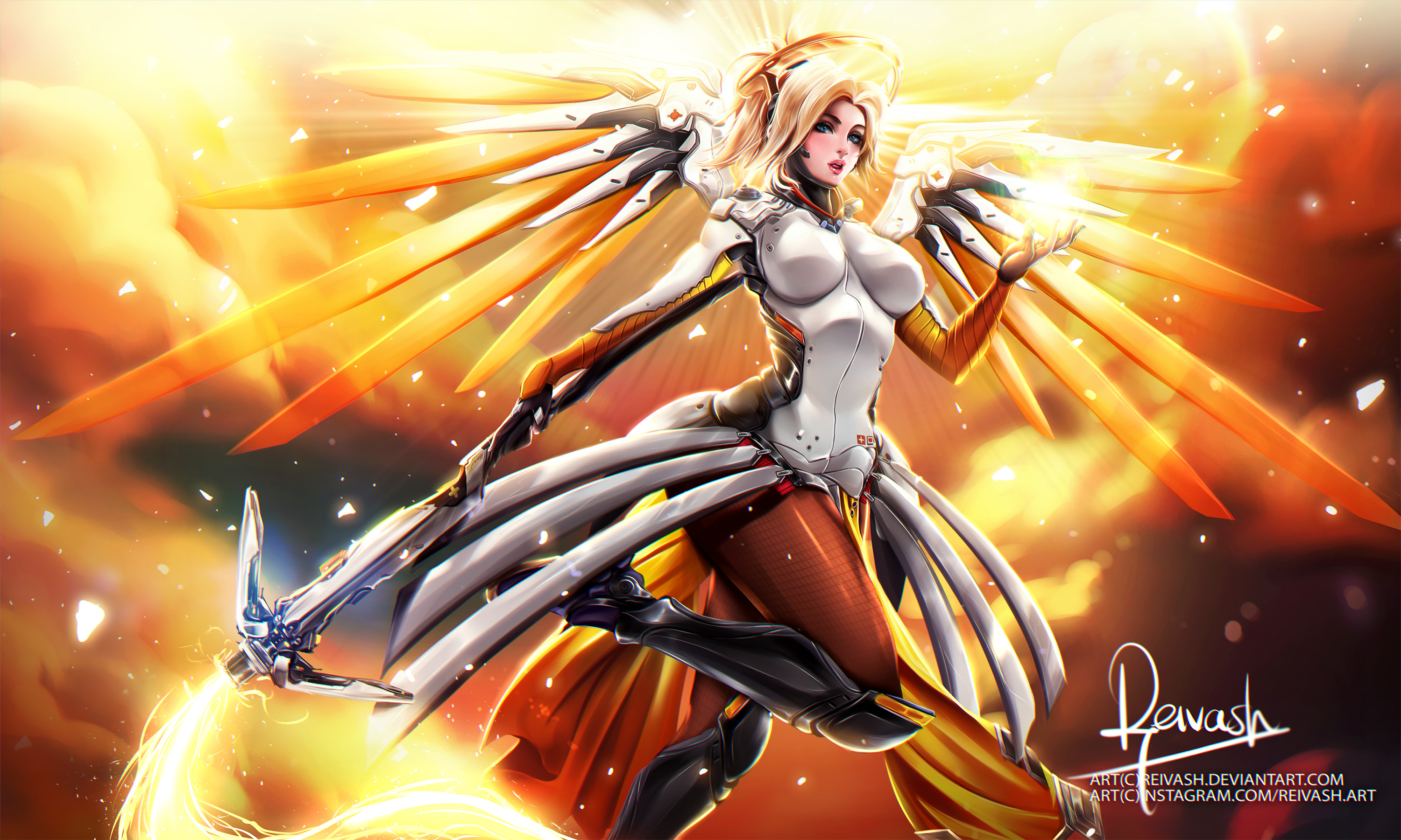 Mercy, Overwatch, Ali, Luce dorata, 2K, sfondo per PC