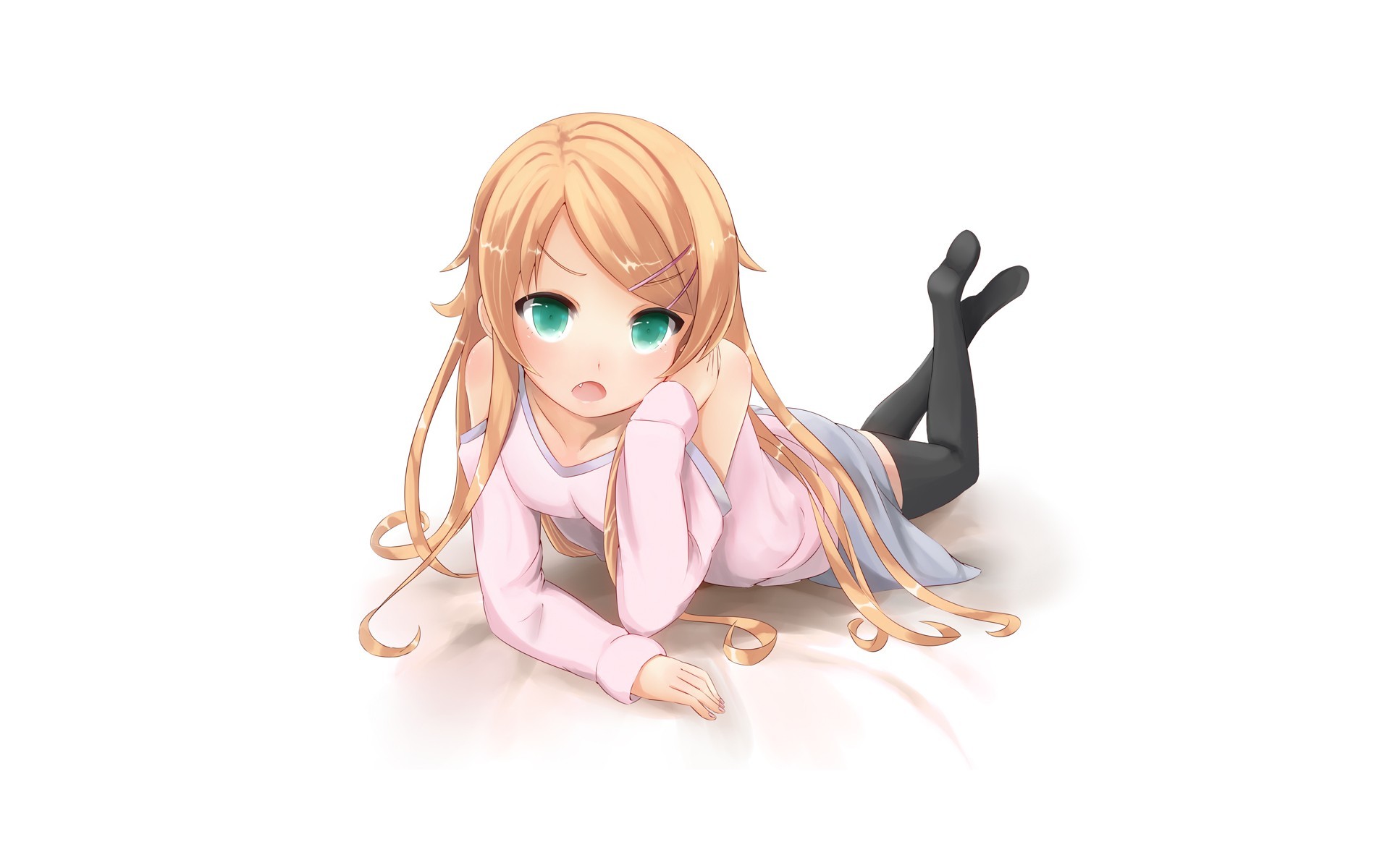 Ragazza anime, Capelli biondi, Calze nere, Sfondo bianco, Moe, 1920x1200, wallpaper desktop