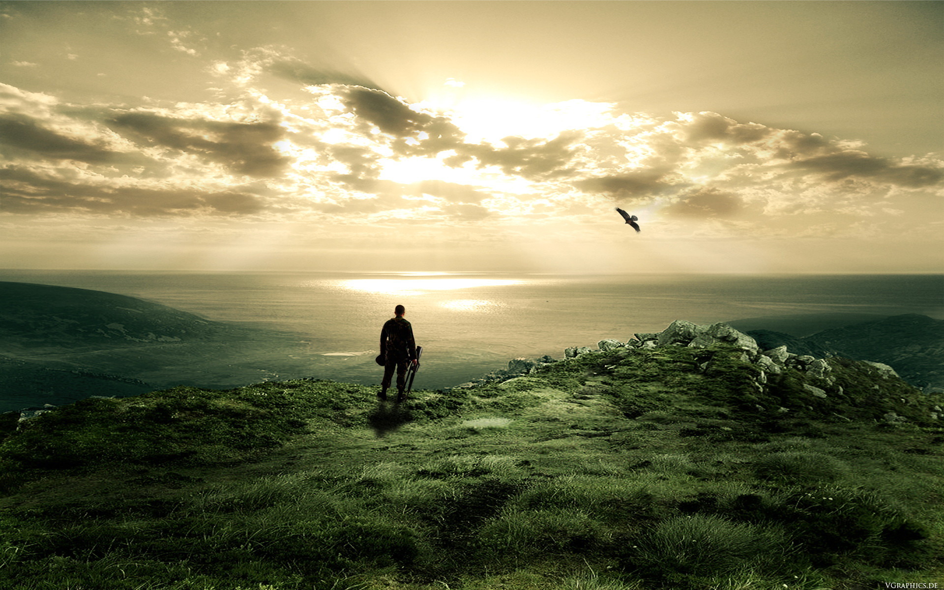 Silhouette, Collina, Mare, Tramonto, Full HD, sfondo per PC