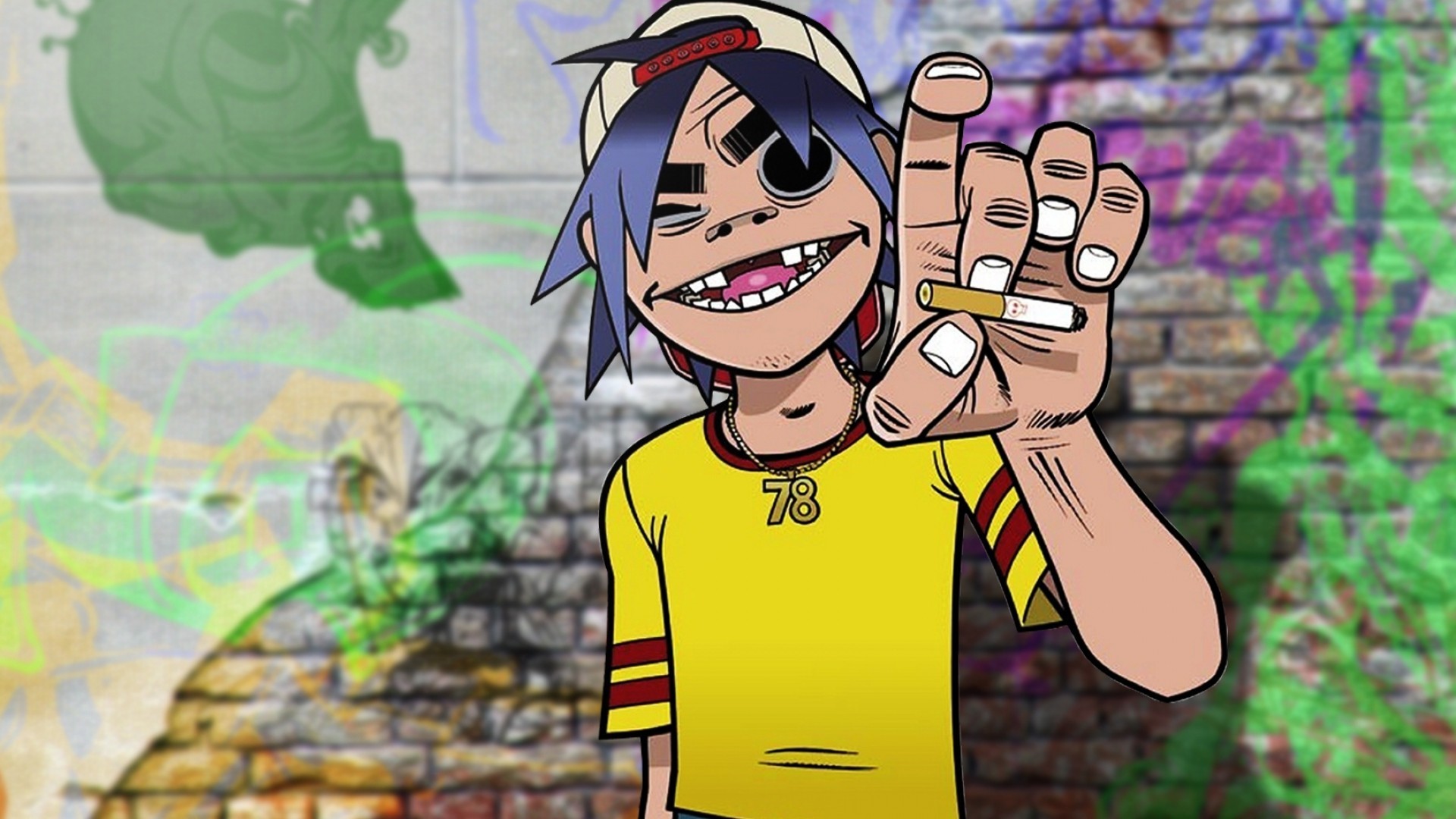 2-D, Gorillaz, Graffiti, Muro di mattoni, Full HD, sfondo per PC e portatile