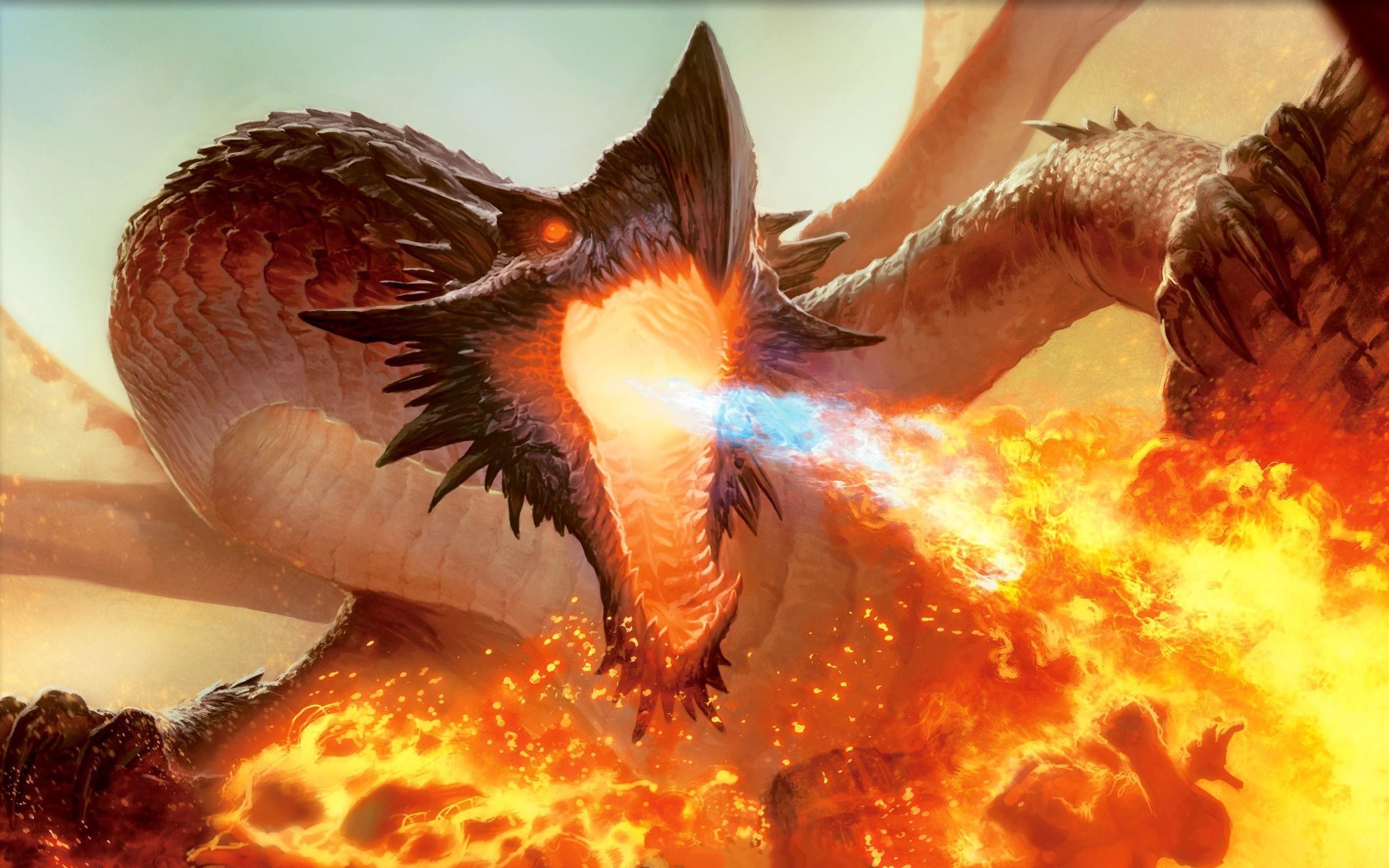 Drago, Soffio di fuoco, Fiamme, Arte fantasy, 2K, sfondo per PC