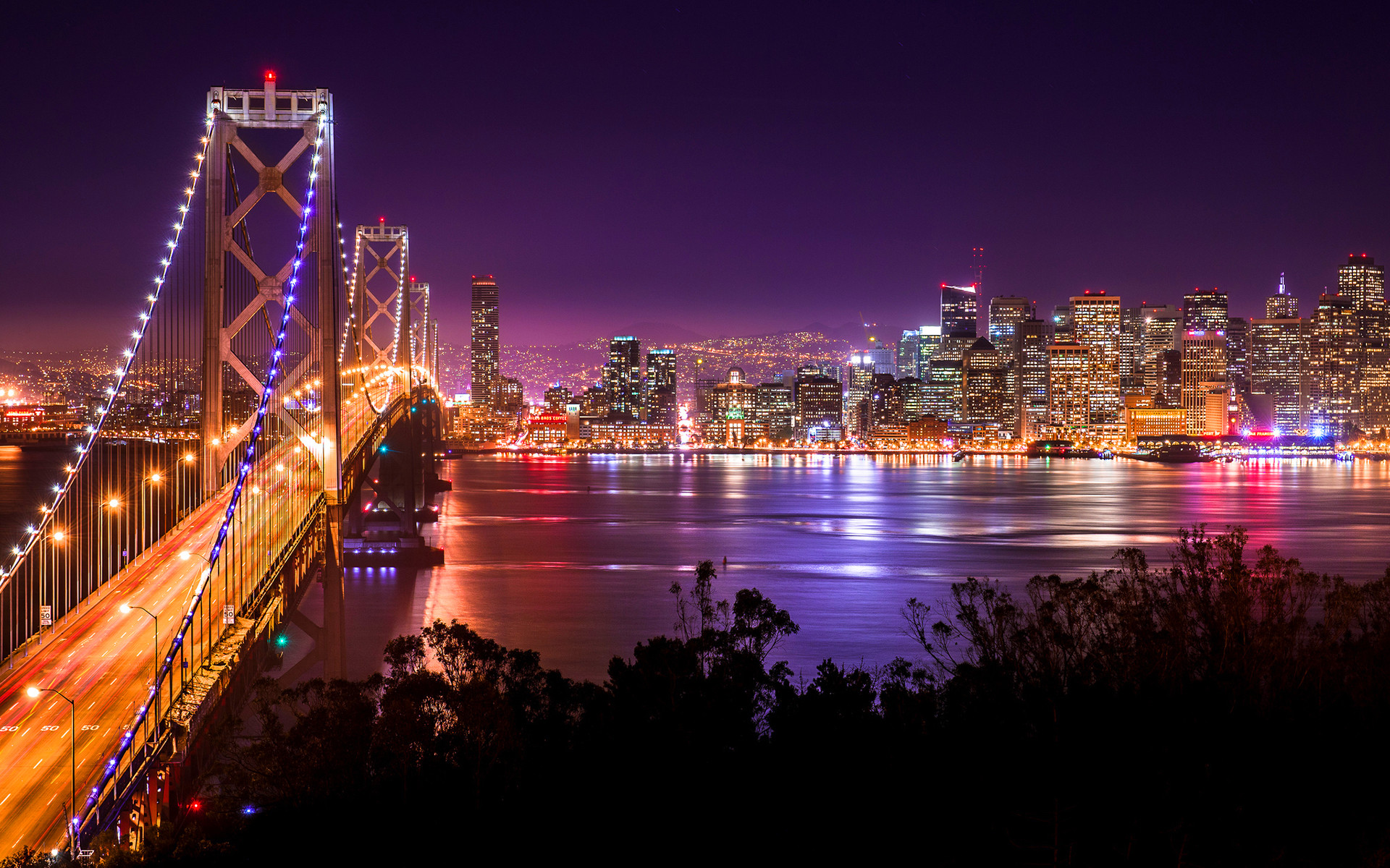 Bay Bridge, San Francisco, Skyline, Notte, 16:10 Full HD, sfondo widescreen